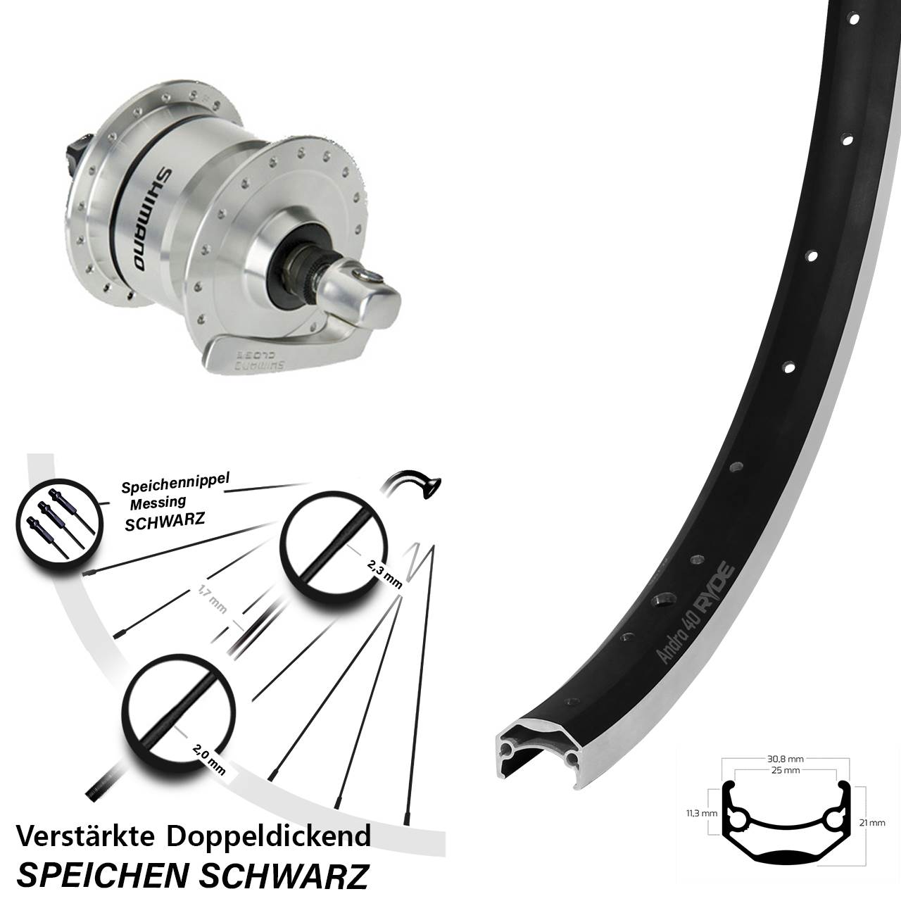 Nabendynamolaufrad 28 Zoll Ryde Andra 40 Shimano DH3N72 für Schnellspanner