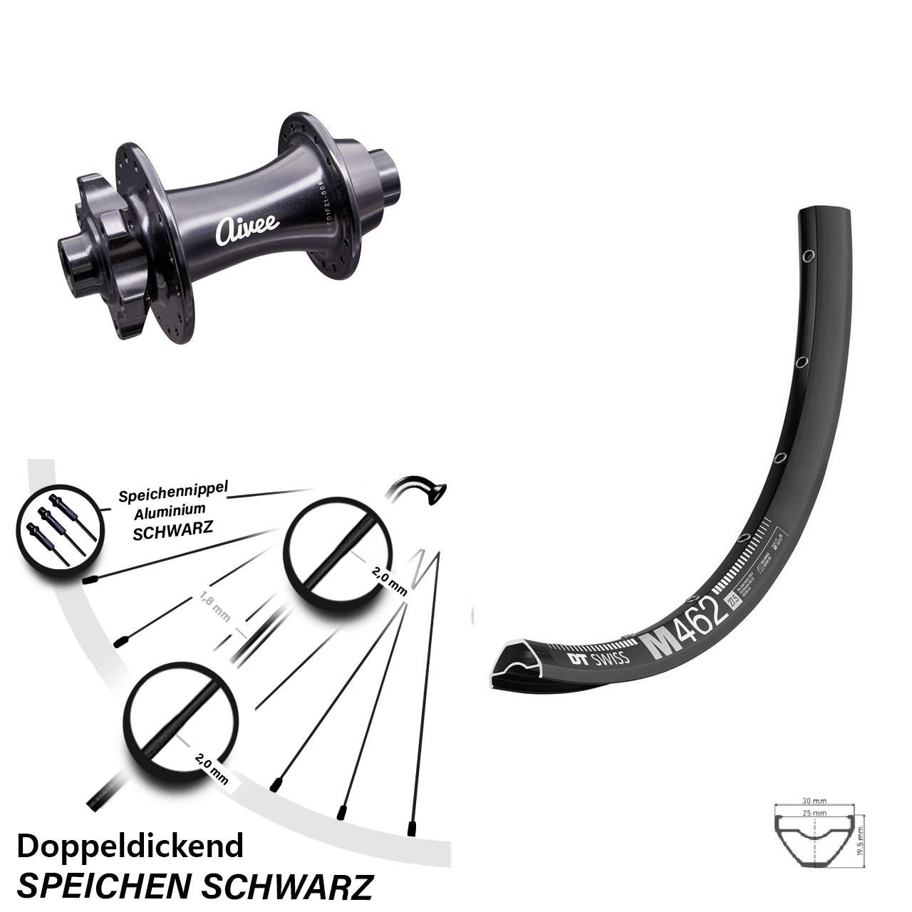 27,5 Zoll Vorderrad DT Swiss M 462 mit Aivee Classic 6-Loch Boost Nabe