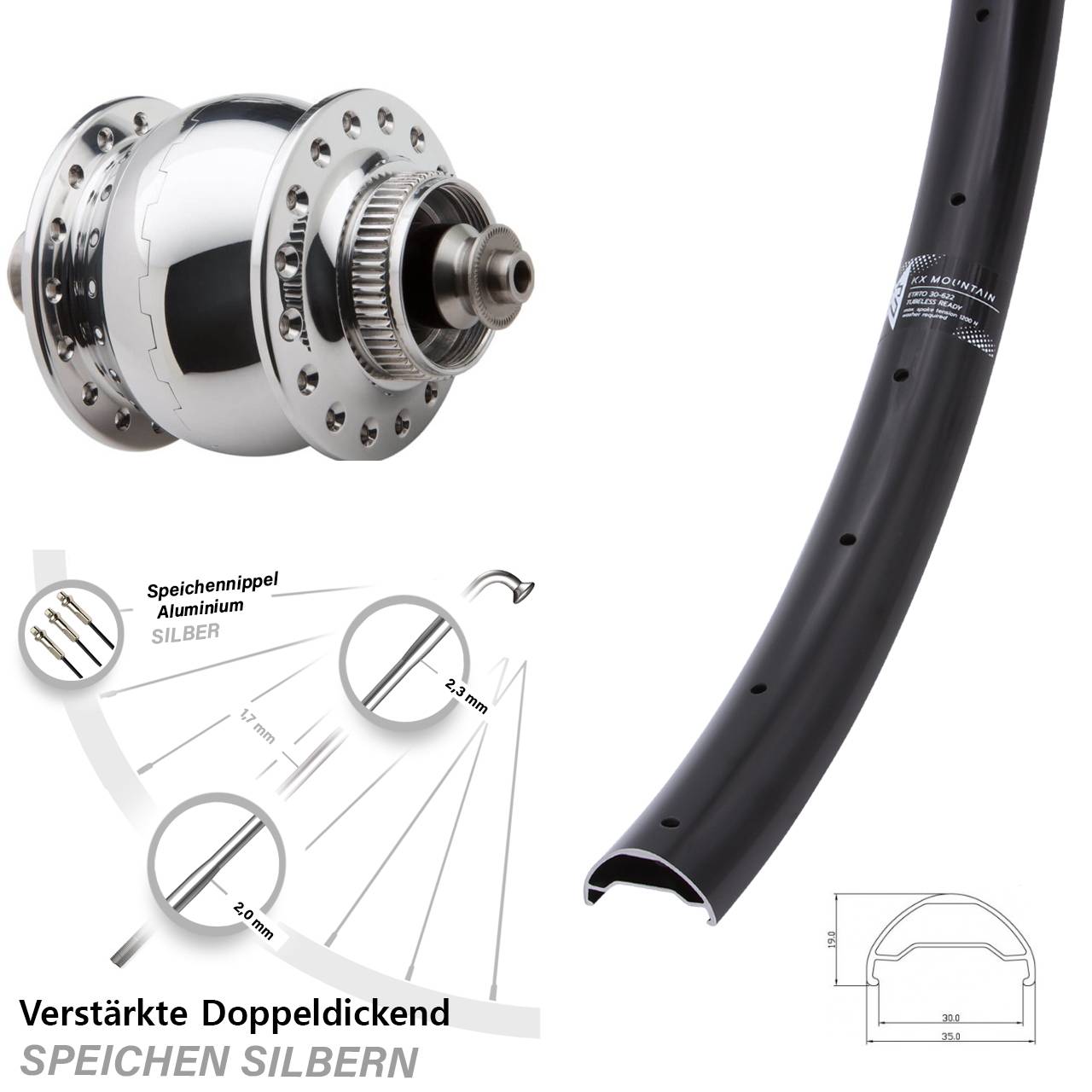 Vorderrad 29 Zoll KX Mountain TR 30-622 ETRTO Nabendynamo SON 28 Centerlock