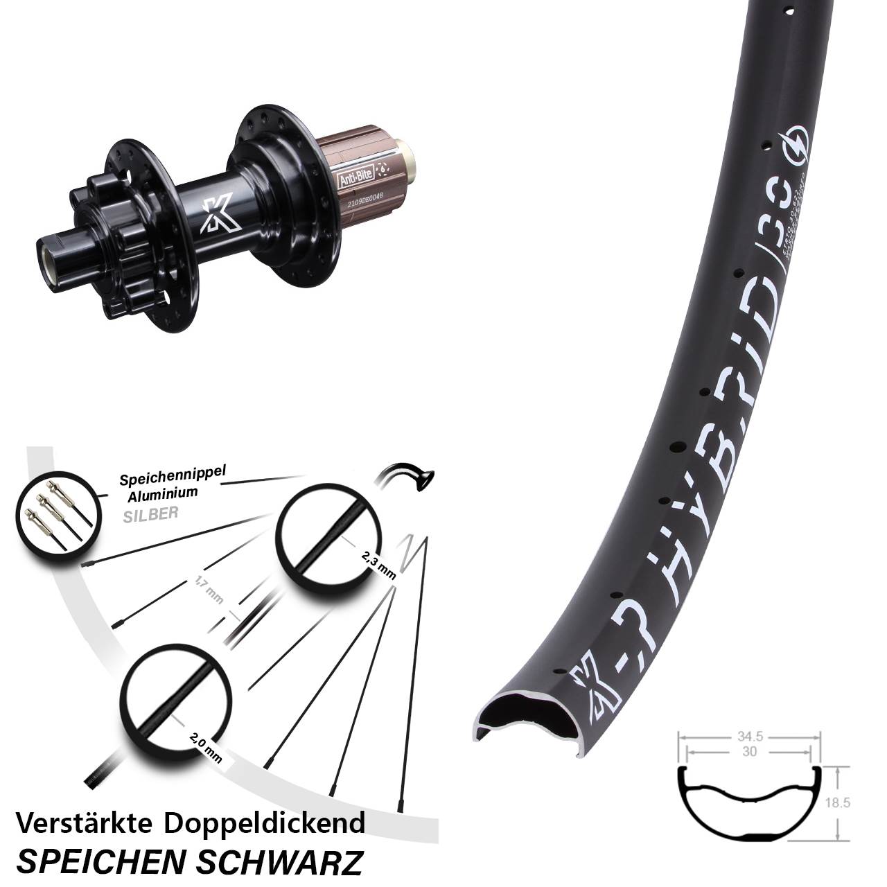 Hinterrad 29 Zoll KX-MR Hybrid 30 Disc Shimano 8-12 fach 12x142