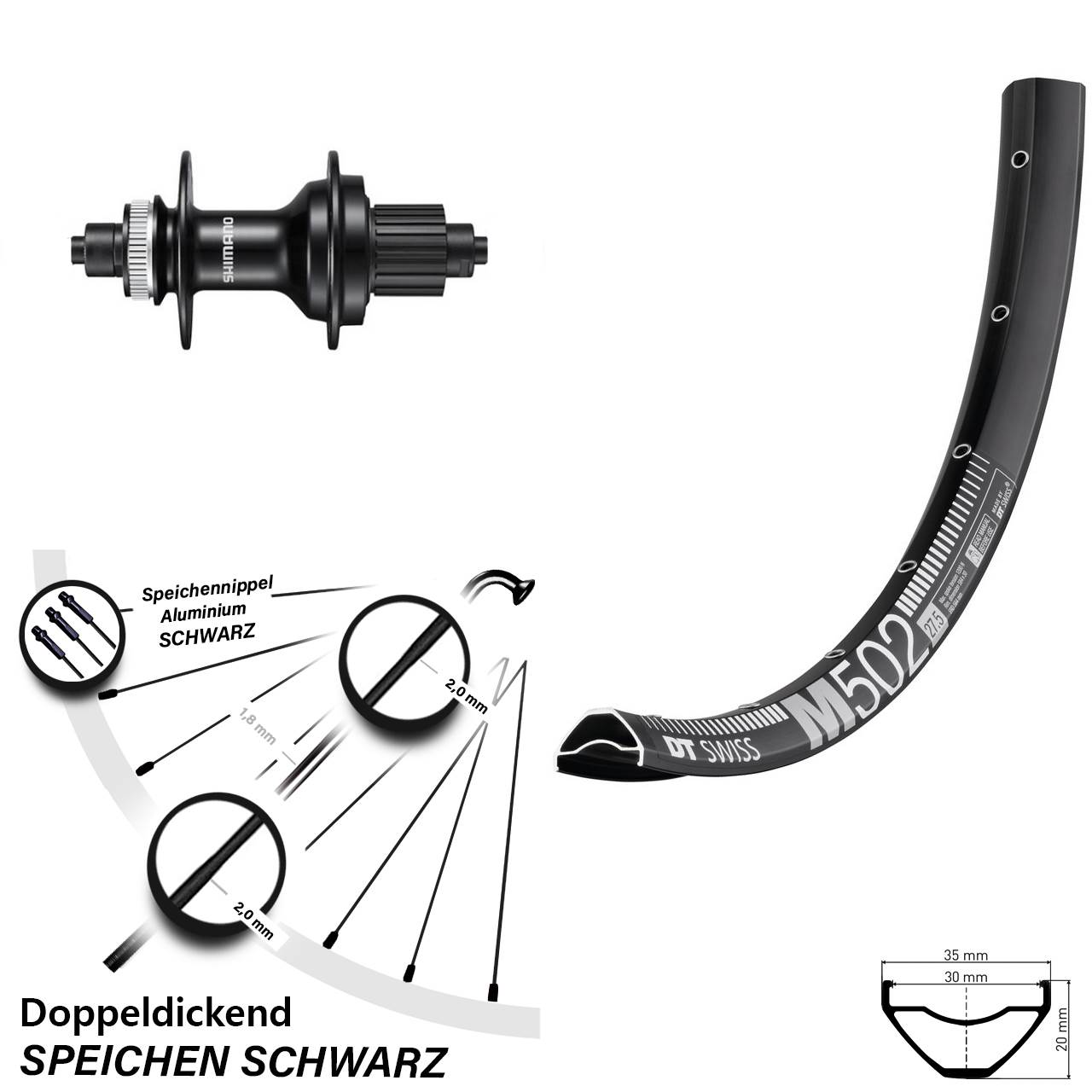 Hinterrad 27,5 Zoll DT Swiss M502 Shimano FH-MT500 5x135 Centerlock Micro Spline