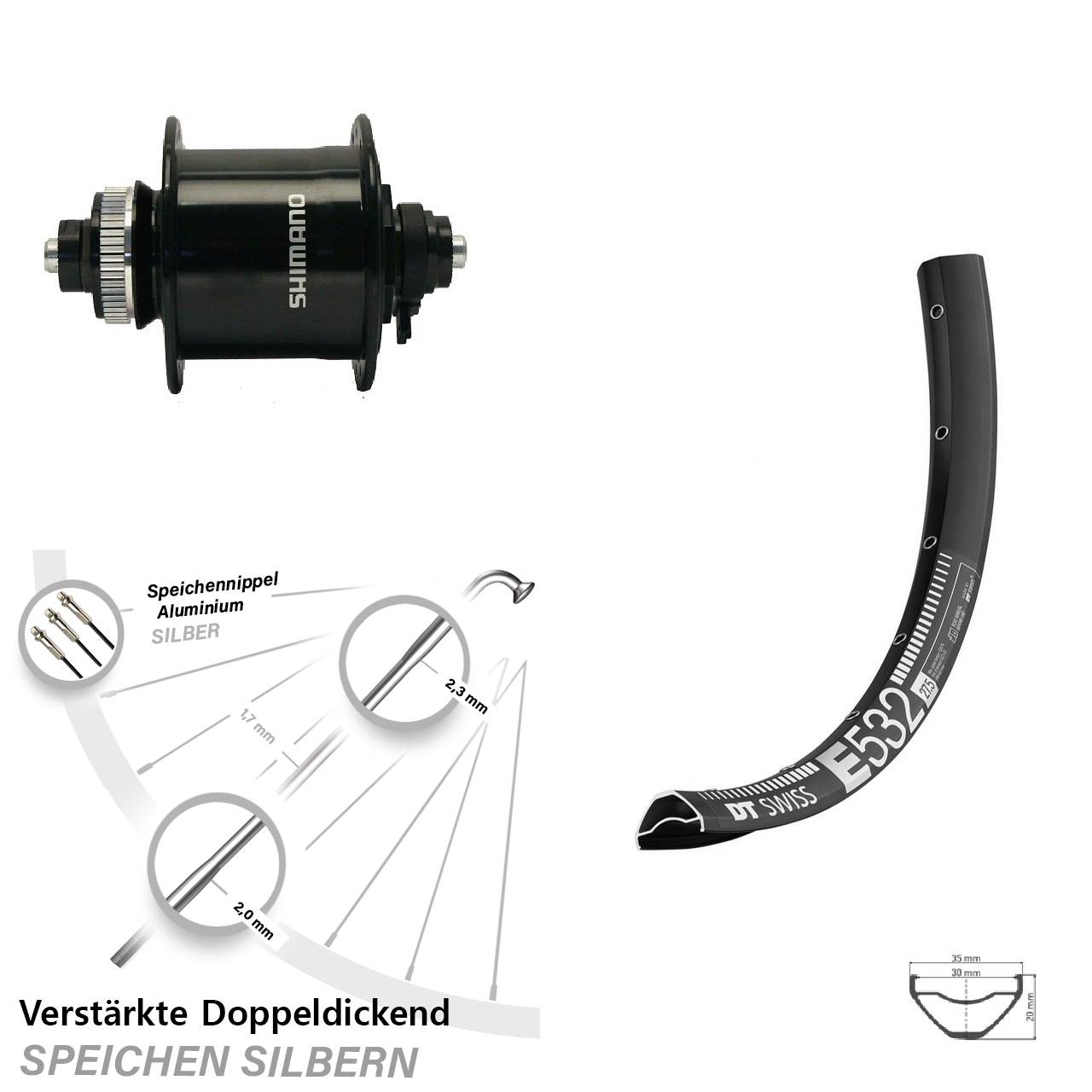 29 Zoll DT Swiss E532 Shimano DH-UR700-3D Disc Nabendynamolaufrad für Schnellspanner