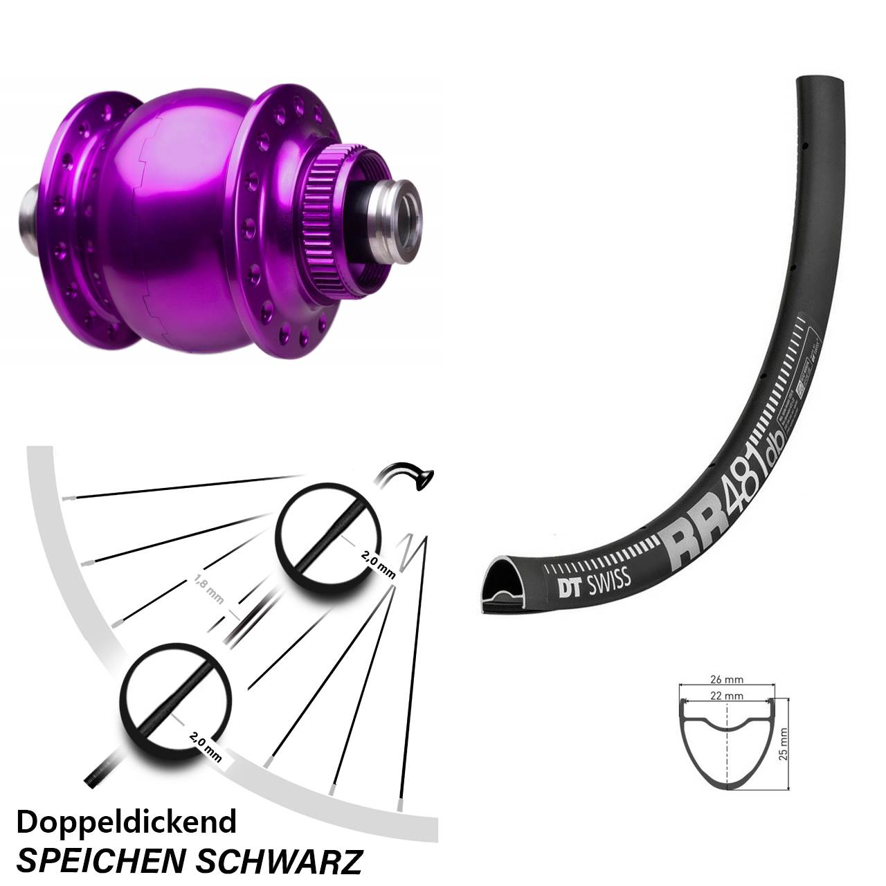 Laufrad 28 Zoll DT Swiss RR 481 Disc SON 28-12x100 Centerlock violett