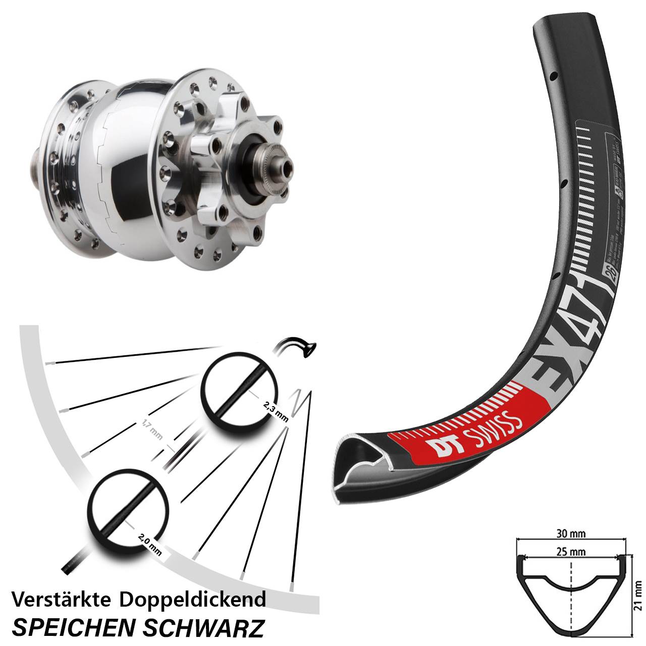 Disc 29 Zoll Vorderrad mit Nabendynamo DT Swiss EX471 SON 28 für Schnellspanner