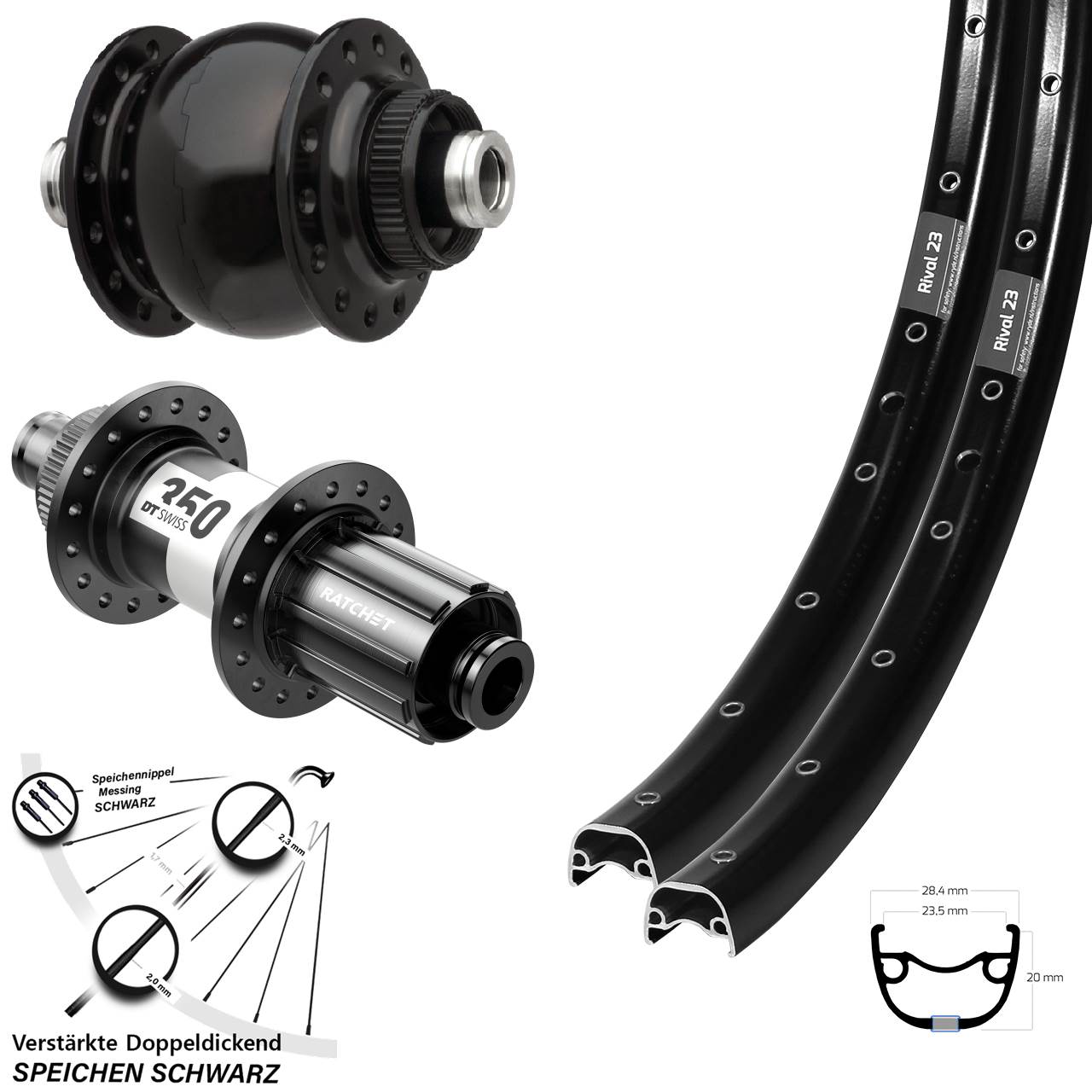 27,5 Zoll Ryde Rival 23 DT Swiss 350 HG SON 28 Centerlock Laufradsatz 12x100/142