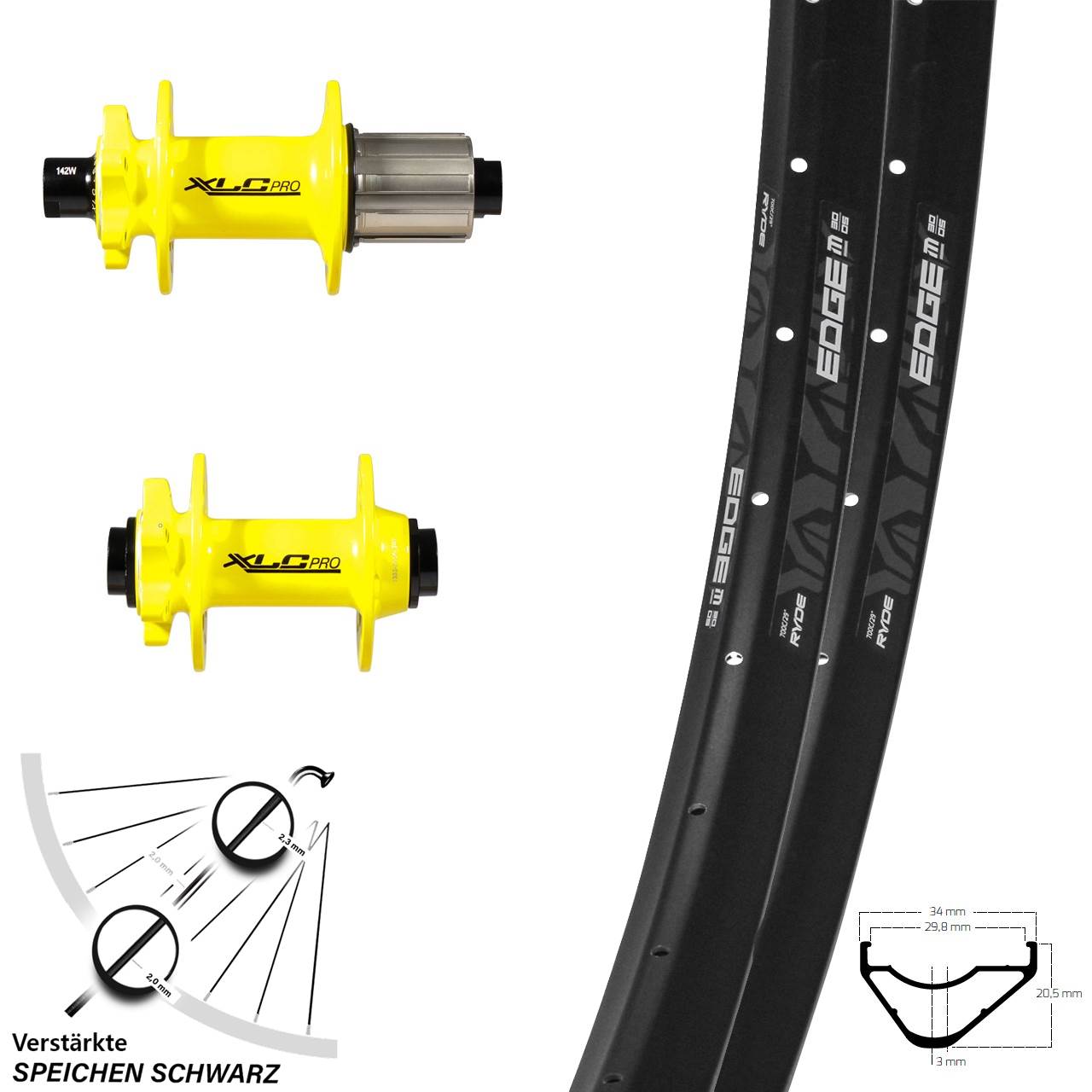 Laufradsatz 29 Zoll E-Bike Nabe XLC Pro gelb Steckachse Ryde Edge M30-622 ETRTO verstärkt