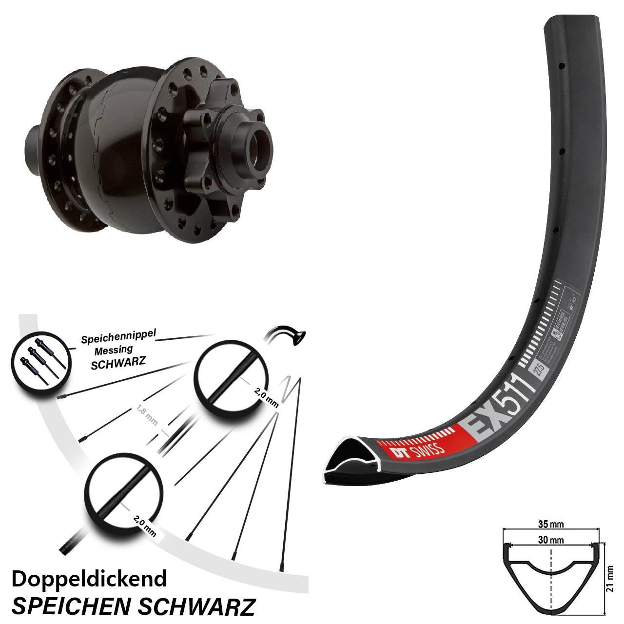 SON 28-15 Nabendynamo DT Swiss EX 511 Vorderrad 6-Loch 27,5 Zoll Steckachse 15x100 mm