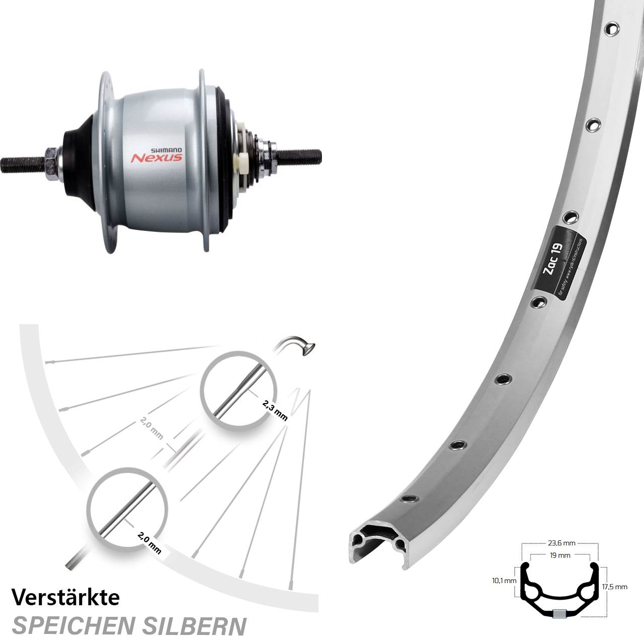 26 Zoll Ryde Zac 19 Shimano Nexus 8 Gang Hinterrad Freilauf silbern