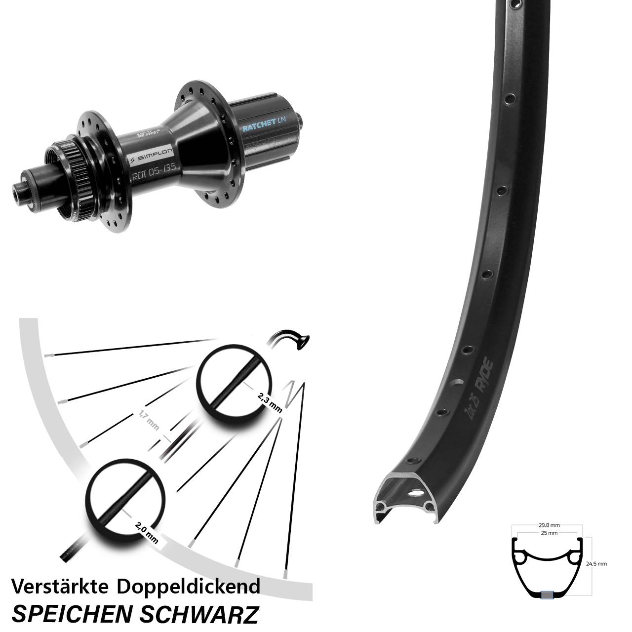 28-29 Zoll Hinterrad Ryde ZAC 25 DT Swiss 370 Hybrid SE-LN 5x135 Centerlock 8-11 fach HG
