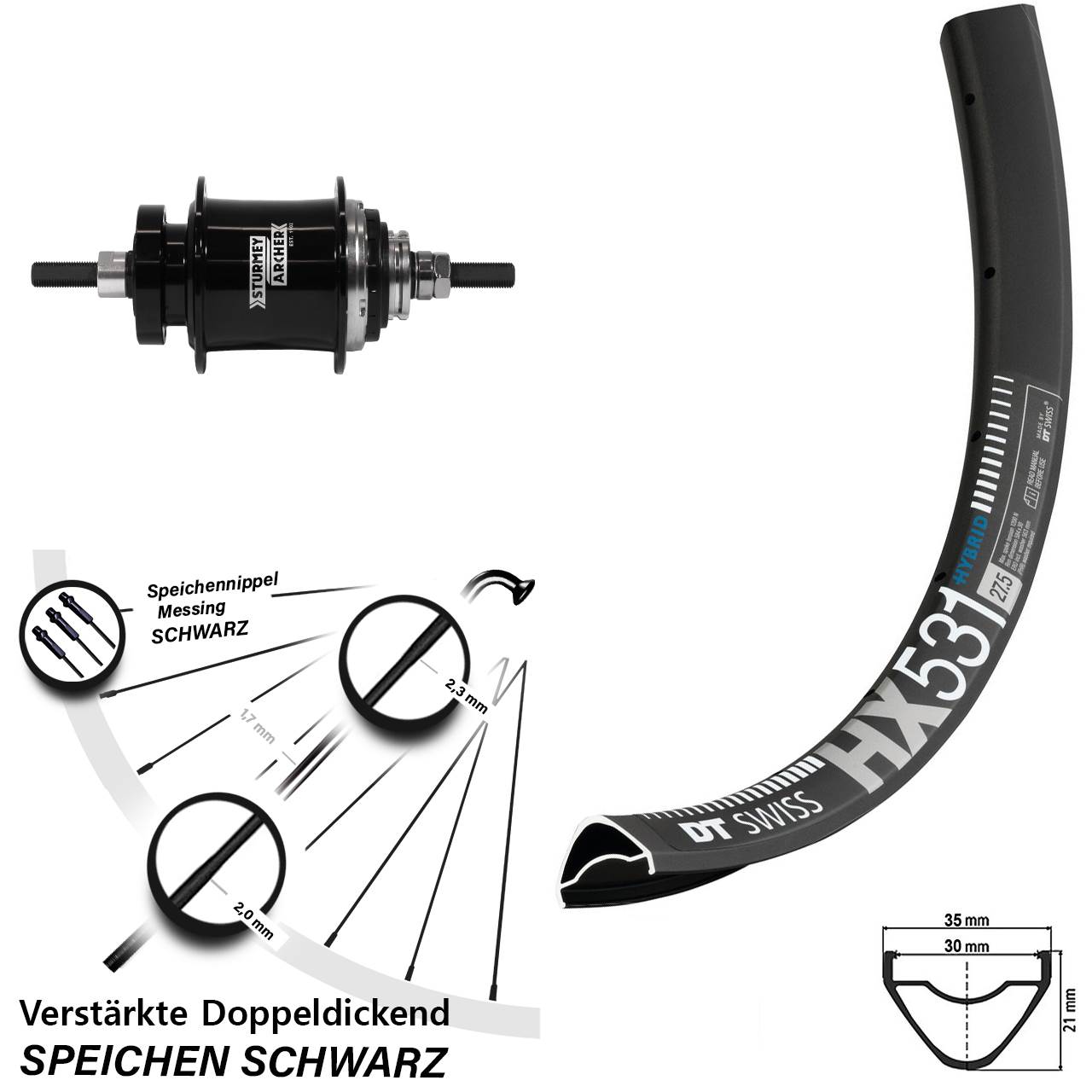 Sturmey Archer Automatic 2 Gang Hinterrad DT Swiss HX 531 Disc schwarz