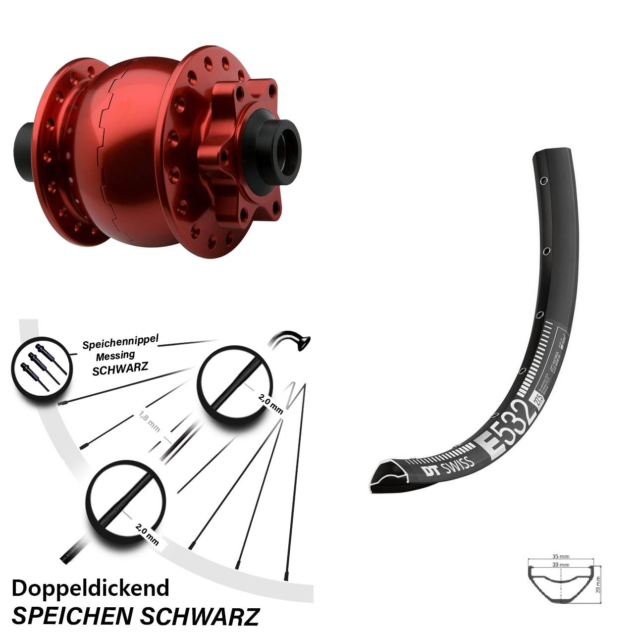 29 Zoll Vorderrad DT Swiss E 532 Dynamo SON 28-15 rot eloxiert Steckachse 6-loch