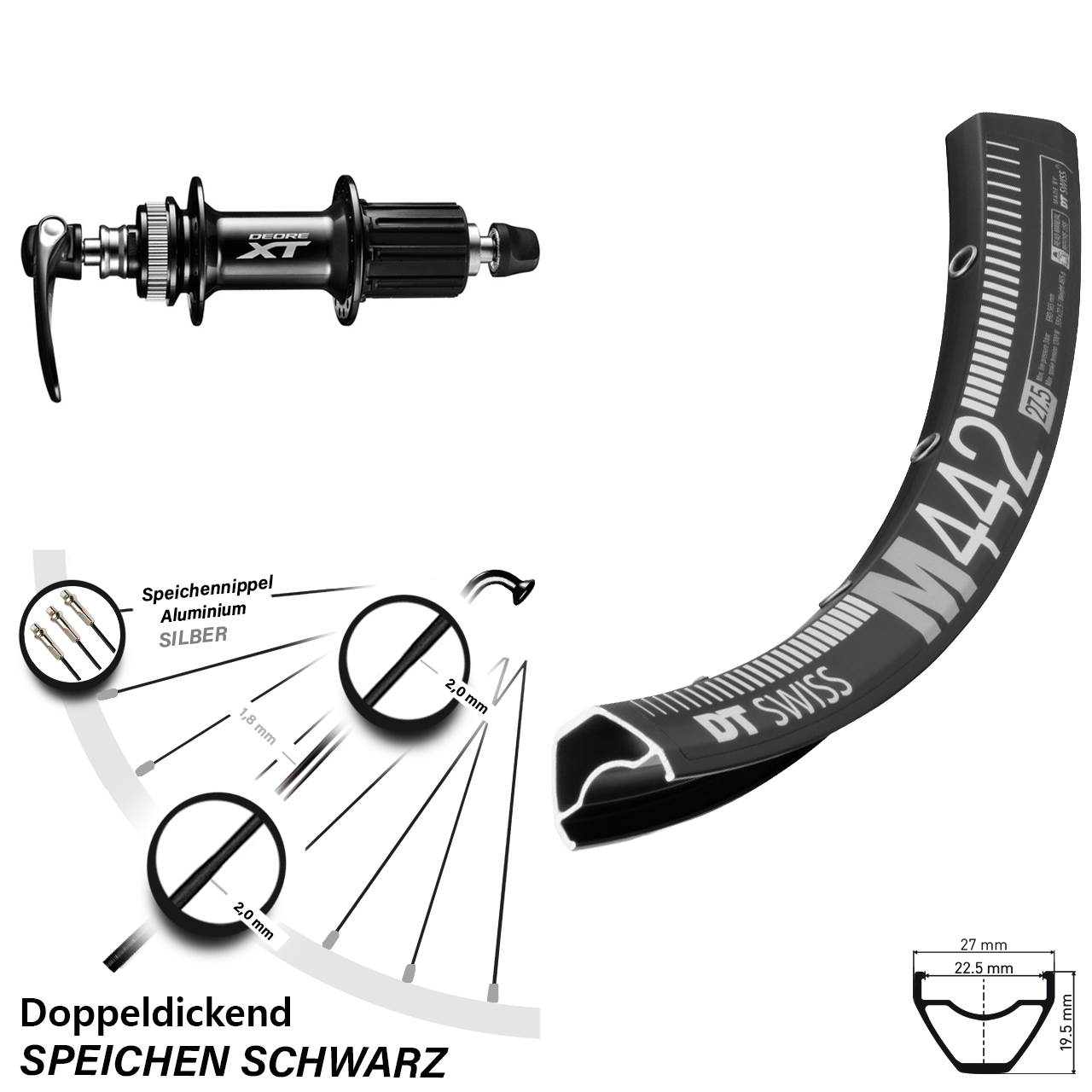 DT Swiss M 442 Shimano FH-M8000 28 Zoll Hinterrad Centerlock QR 8-11 fach HG