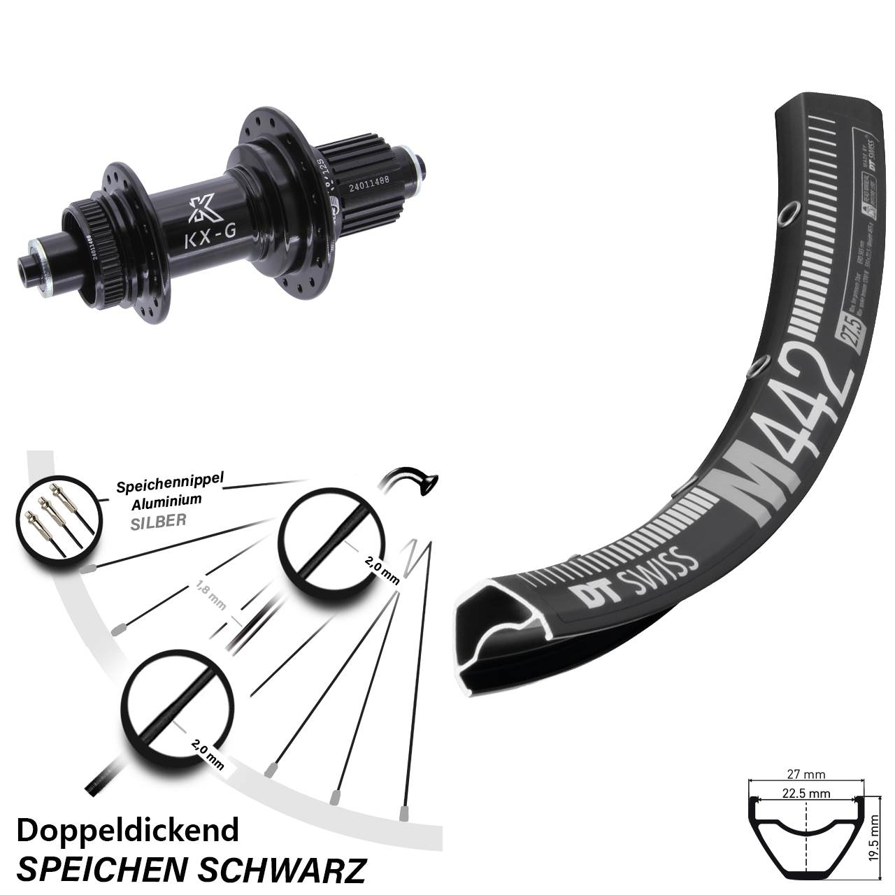 28 Zoll DT Swiss M 442 Hinterrad KX-G Micro Spline