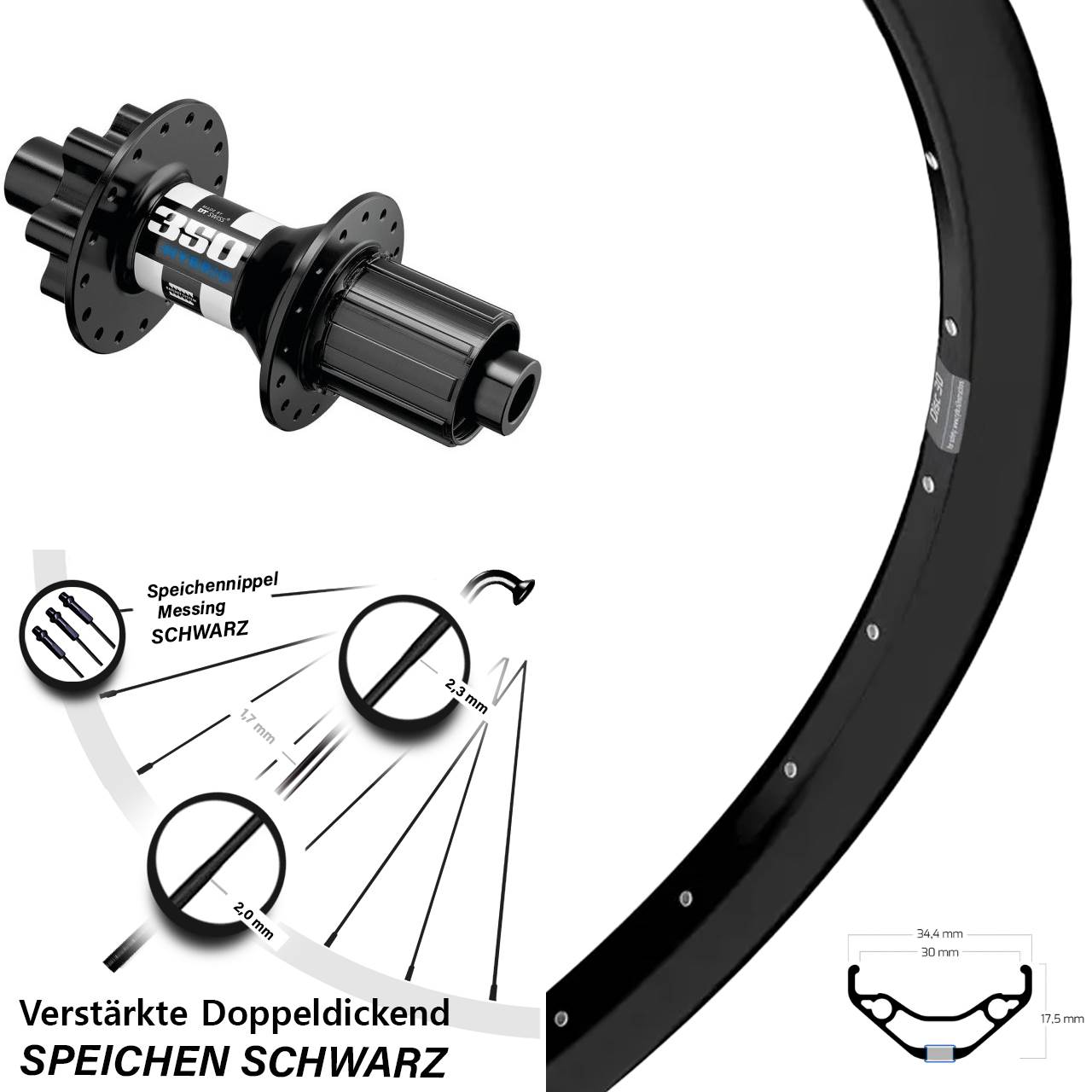 27,5 Zoll Ryde Disc 30 DT Swiss 350 Hybrid Hinterrad 6-Loch 12x148 8-11 fach HG