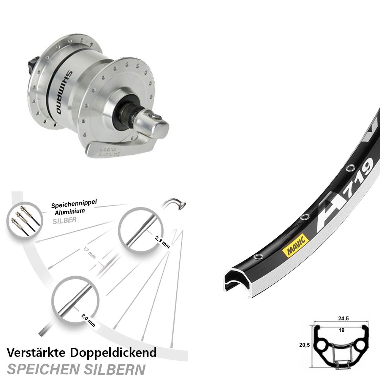 Vorderrad mit Nabendynamo für Schnellspanner 28 Zoll Mavic A 719 Shimano DH3N72