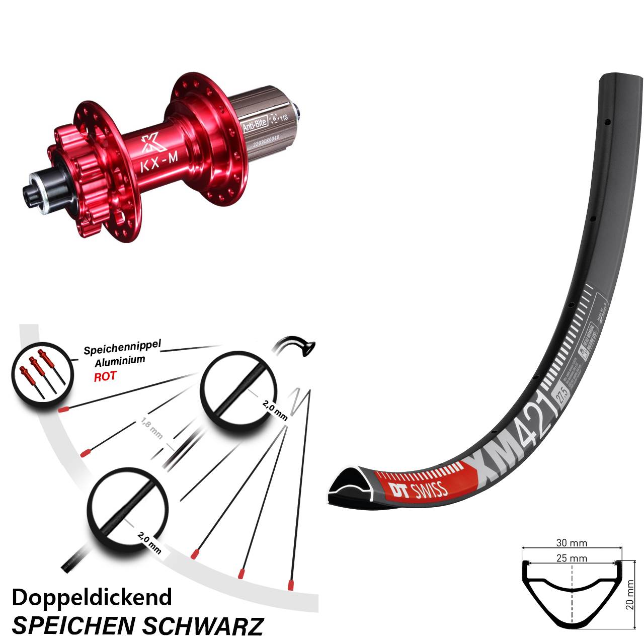 DT Swiss XM421 KX-M rot 27,5 Zoll Disc Laufrad QR 8-12 fach