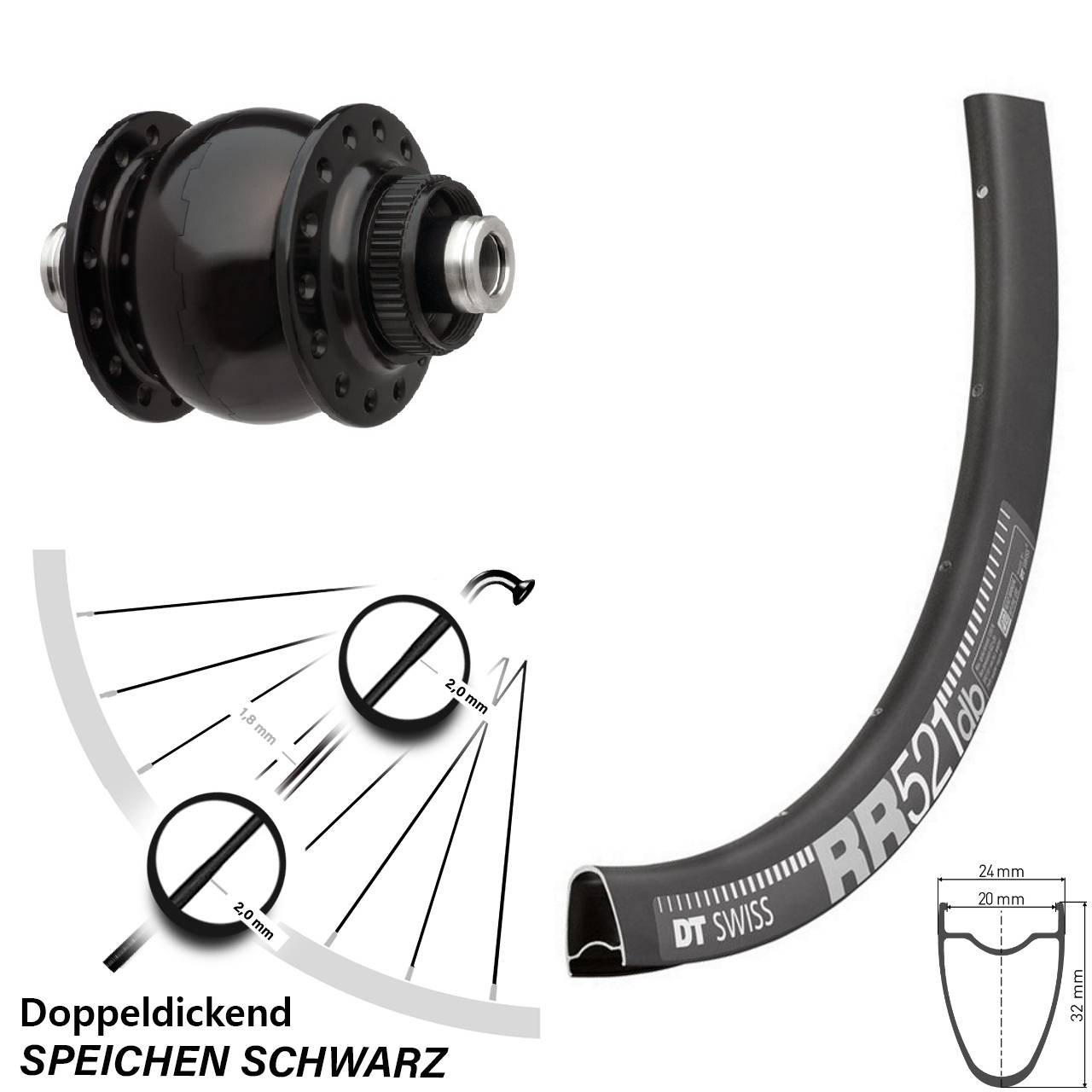 Vorderrad 28 Zoll DT Swiss RR 521 mit Son Nabendynamo 28-12 Disc schwarz
