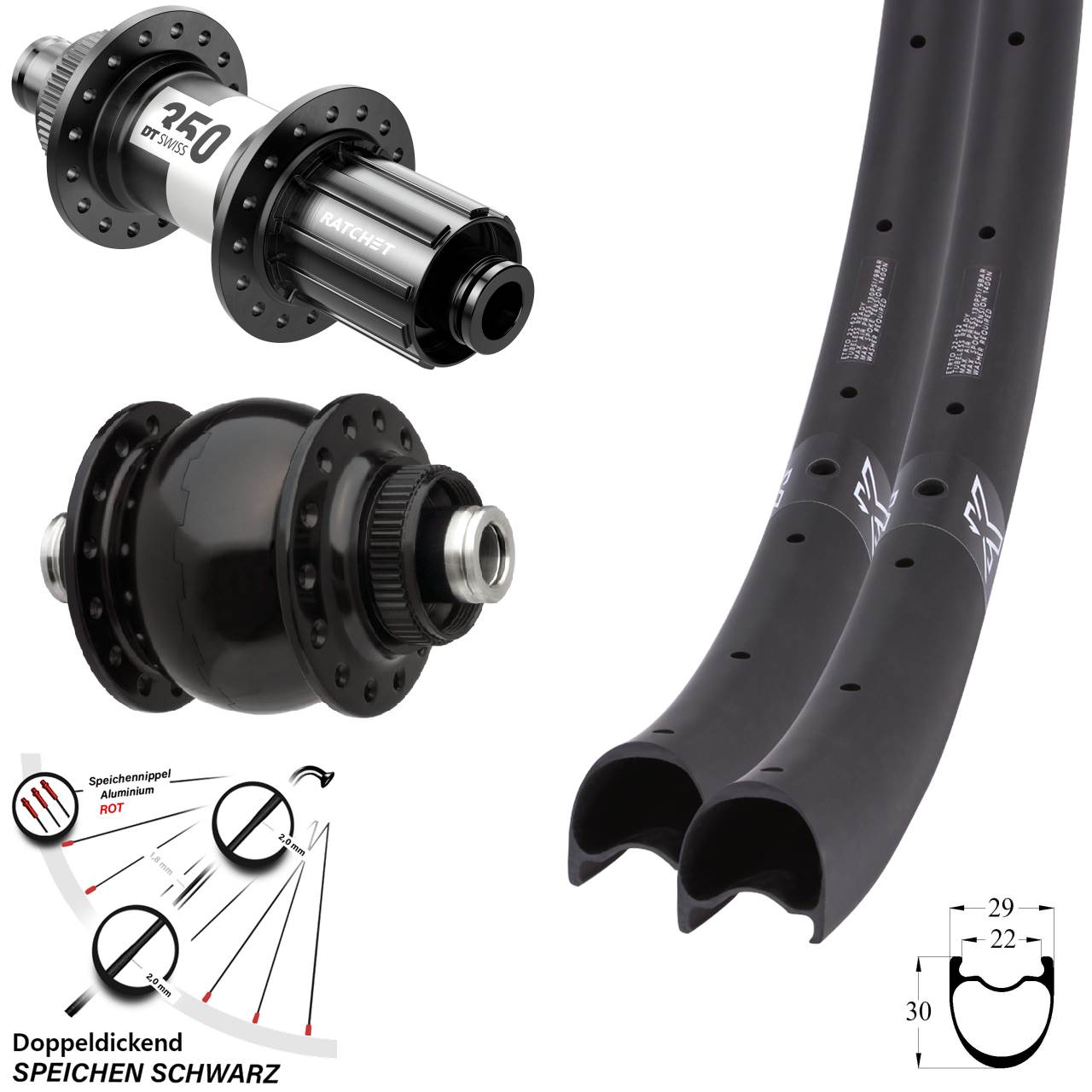 Disc Laufradsatz 12x100/142 29 Zoll KX-RC Gravel Carbon DT Swiss 350 SON 28 11-12 fach