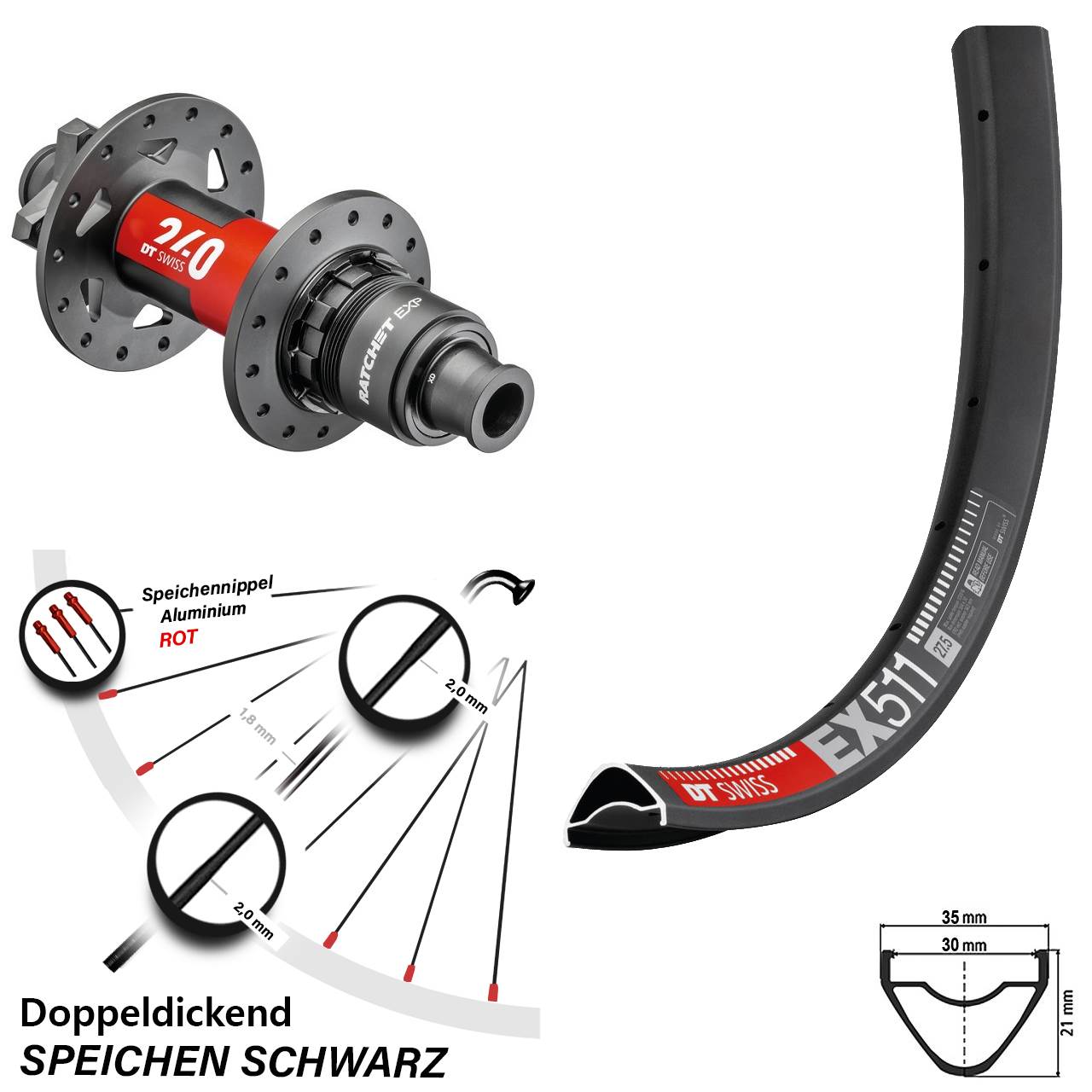 DT Swiss 240 EXP Sram XD Boost 6-Loch EX 511 Hinterrad 27,5 Zoll 12x148 mm