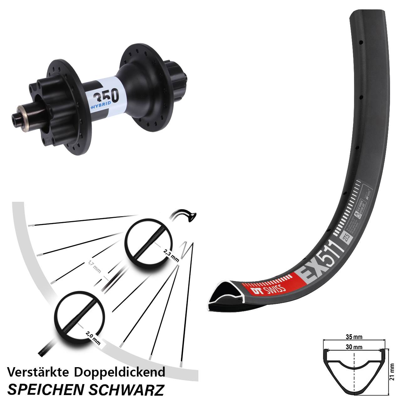 Hinterrad 27, 5 Zoll DT Swiss EX 511-350 Hybrid 6-Loch Singlespeed 5x135