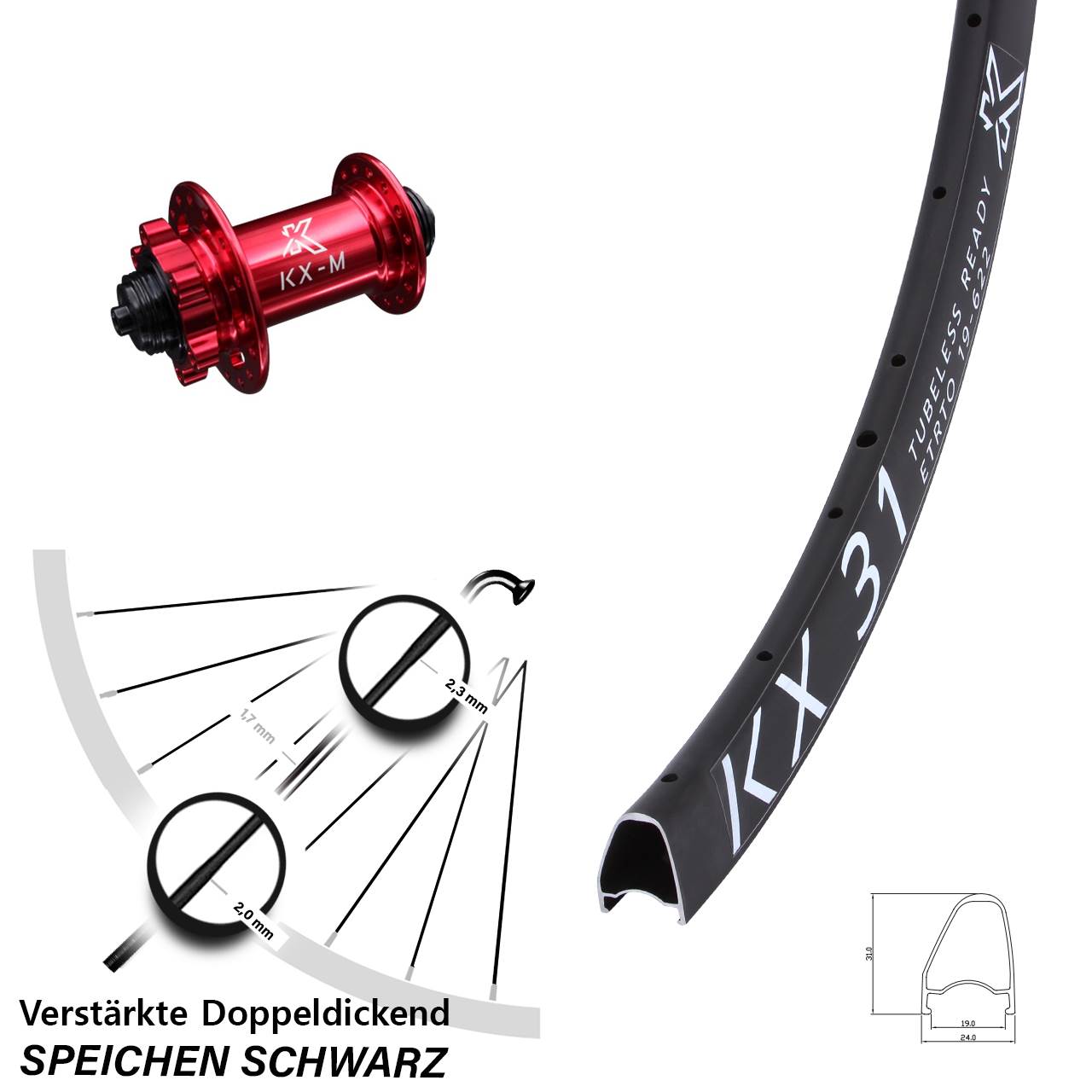 Disc Laufrad QR 28 Zoll KX 31 Offset 6-loch rot