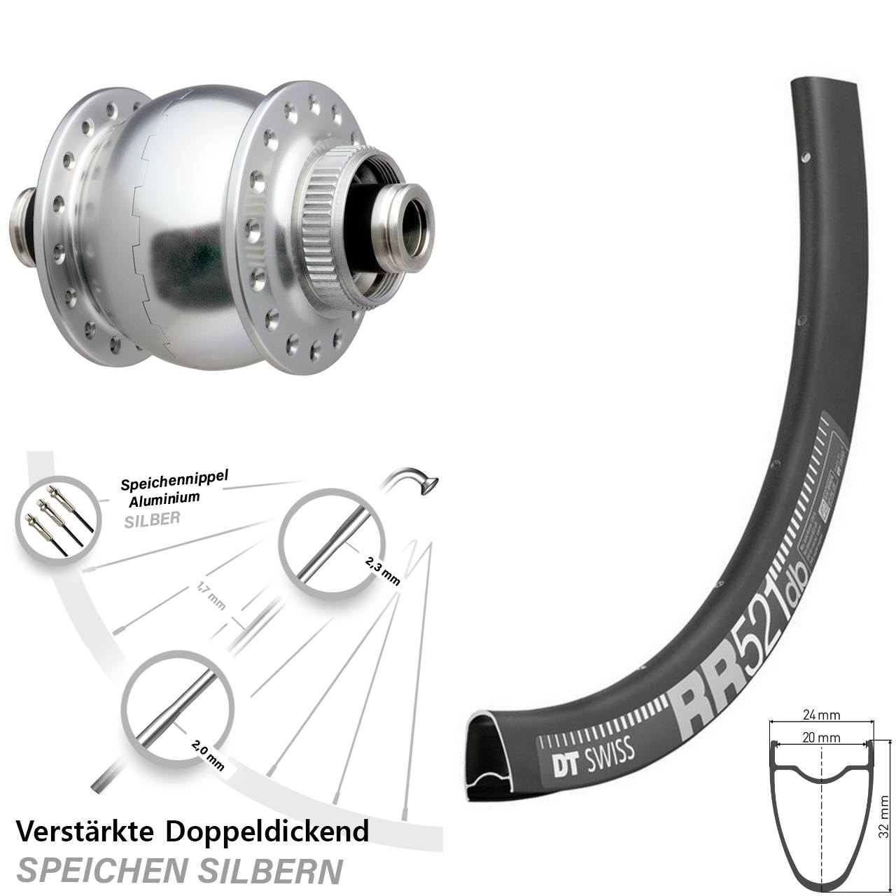 Nabendynamo-Vorderrad Centerlock 28 Zoll DT Swiss RR 521 SON silbern 12x100
