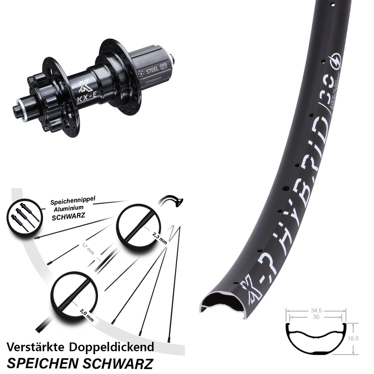 E-Bike Hinterrad 29 Zoll 5x135 mm Shimano 8-12 fach Disc 6-loch KX-ER Hybrid 30-622 ETRTO