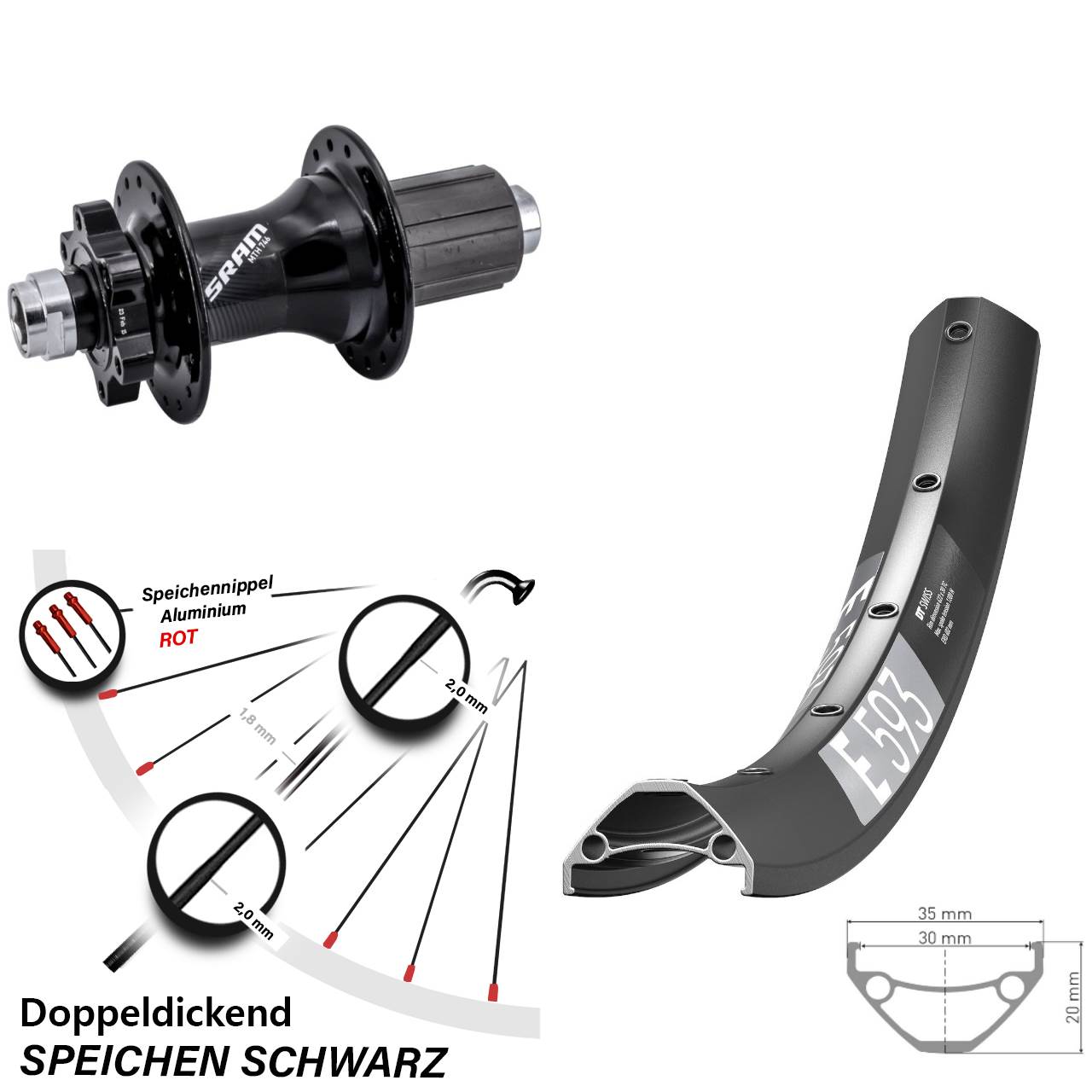 Disc Hinterrad 29 Zoll DT Swiss E 593 Sram 746 8-11 fach HG 12x148