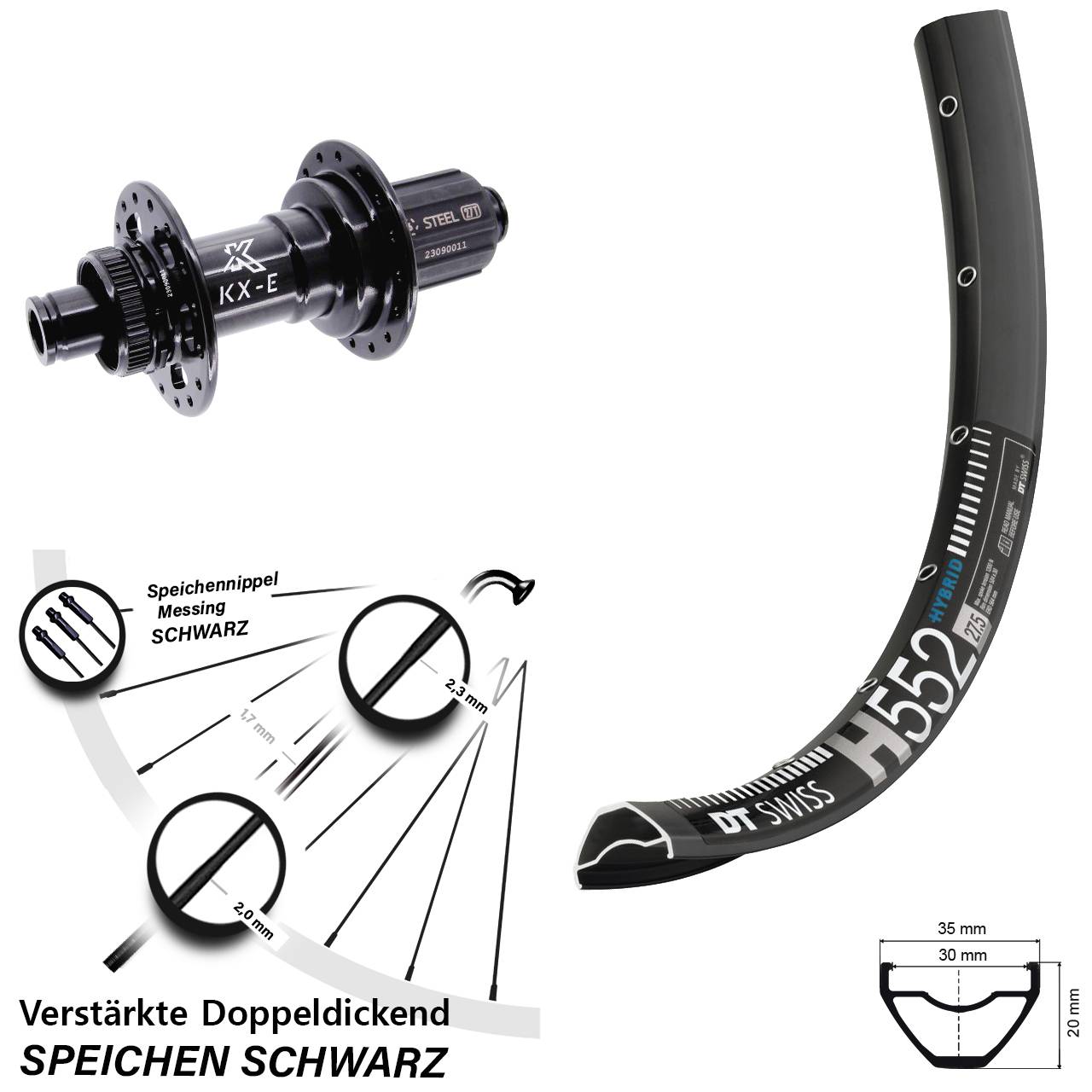29 Zoll DT Swiss H 552 KX-E Heavy Duty Hinterrad Centerlock 12x148 Boost 8-12 fach HG