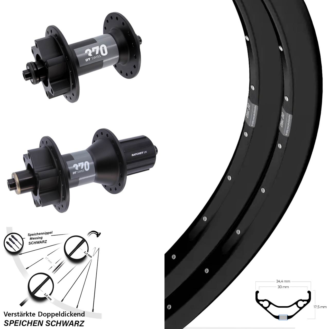 6-Loch Laufradsatz QR 29 Zoll Ryde Disc 30 DT Swiss 370 8-11 fach