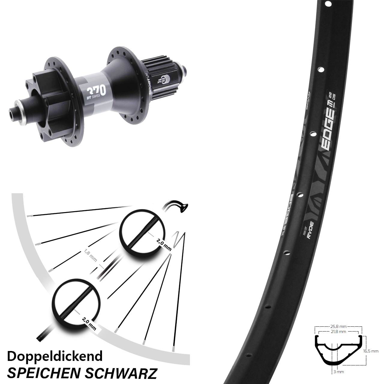 28-29 Zoll Ryde Edge M22 OS DT Swiss 370 Disc Laufrad für Schnellspanner Micro Spline