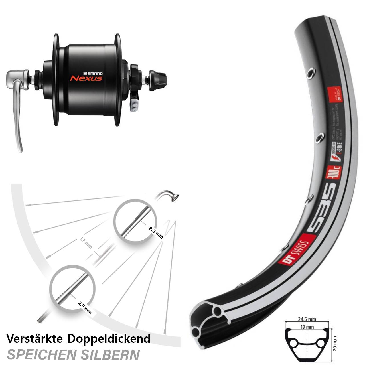 Vorderrad mit Nabendynamo für Schnellspanner 26 Zoll DT Swiss 535 Shimano DH-C3000-3N