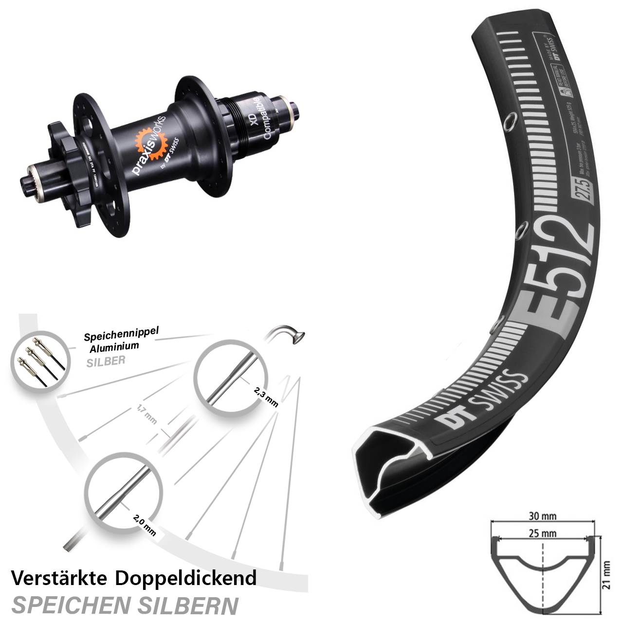 DT Swiss E512-350 29 Zoll Hinterrad 6-Loch Disc für Schnellspanner XD