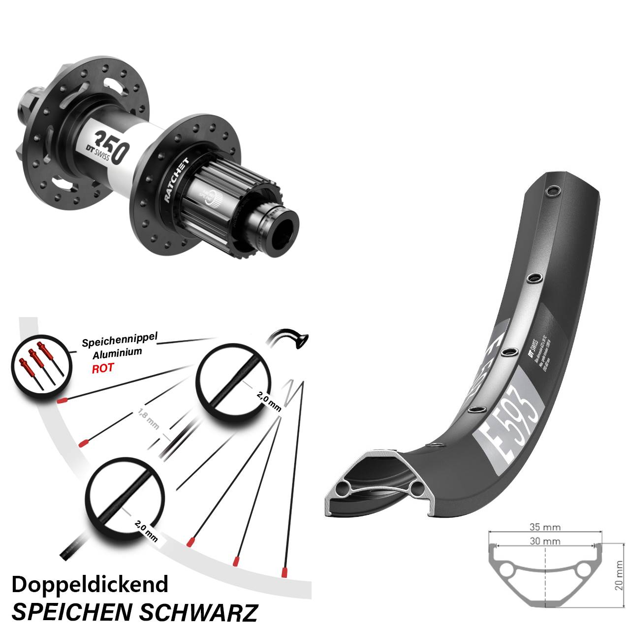 27,5 Zoll Hinterrad DT Swiss E593 350 6-Loch Micro Spline 12x148