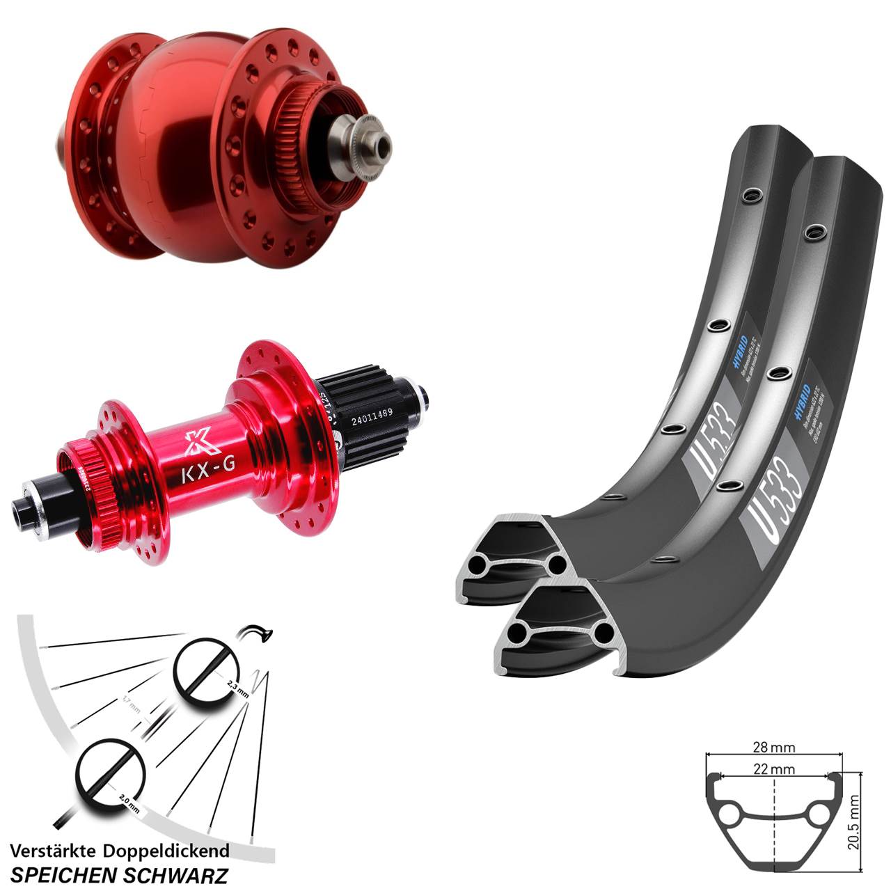 Disc Laufradsatz QR 26 Zoll DT Swiss U 533 KX-G rot SON delux Shimano Micro Spline