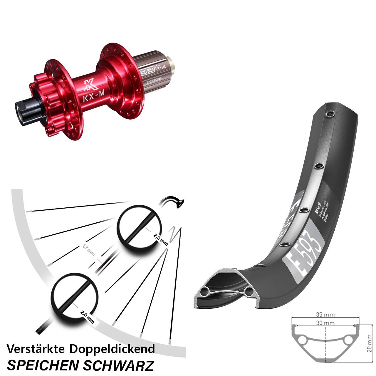 29 Zoll DT Swiss E593 KX-M rot Hinterrad 6-Loch 12x142 8-12 fach HG