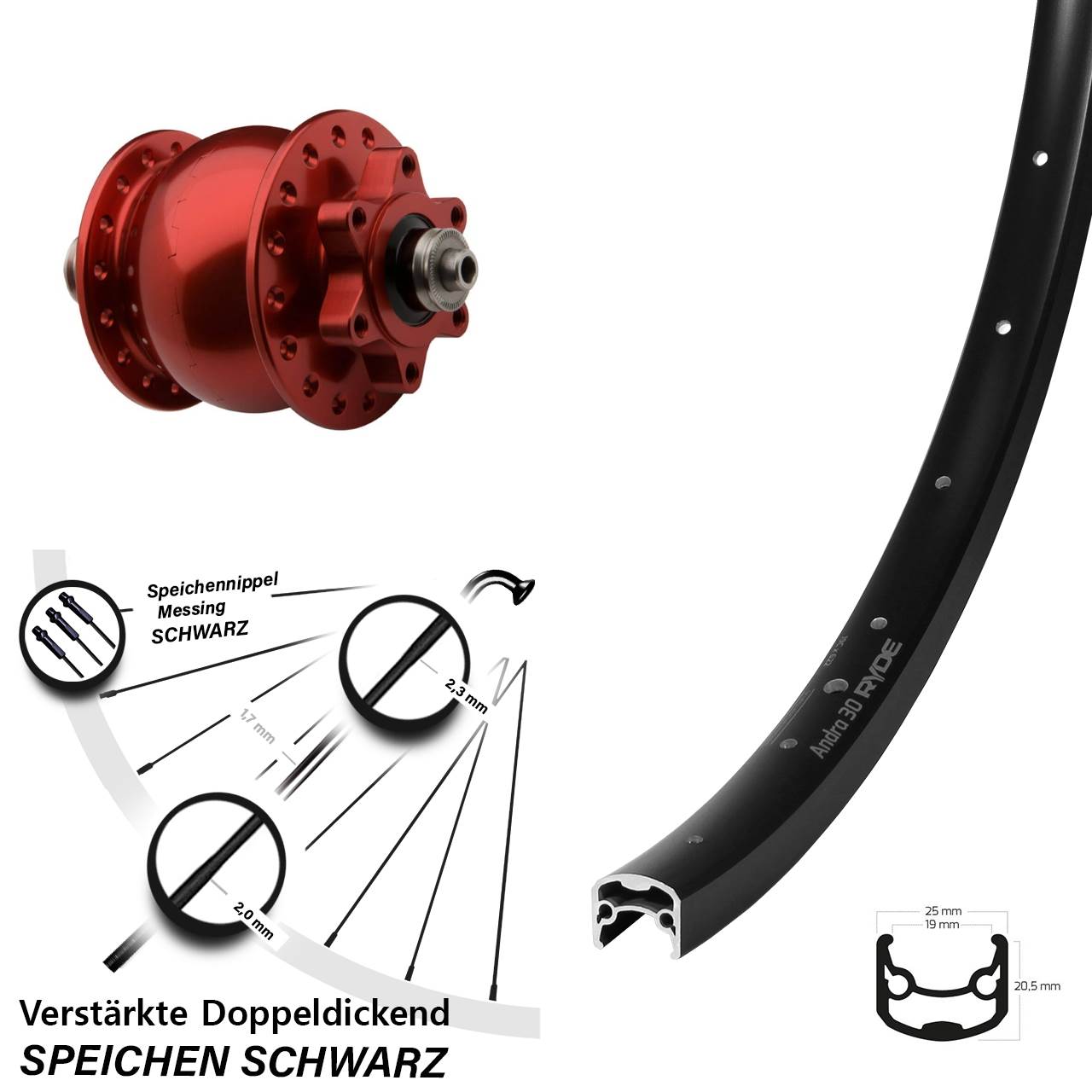 Nabendynamovorderrad 6-Loch roter SON 28 Zoll Ryde Andra 30 QR