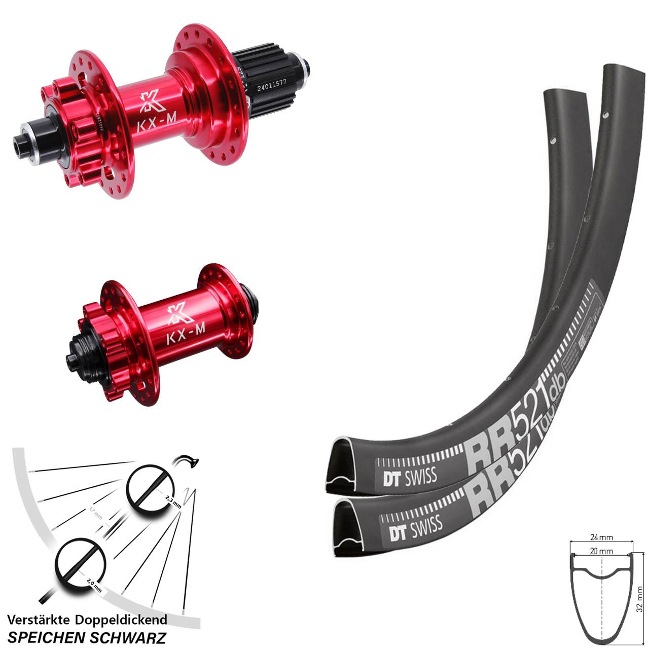 Disc Laufradsatz 28 Zoll DT Swiss RR521 KX-M rot Shimano Micro Spline für Schnellspanner