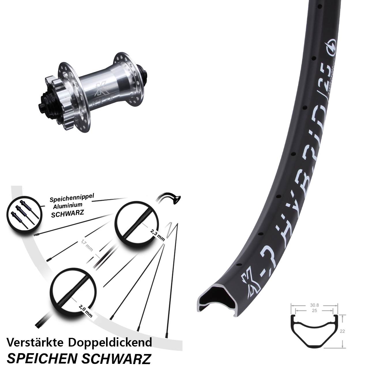 E-Bike 27,5 Zoll KX-R Hybrid 25 verstärkt Disc Vorderrad QR
