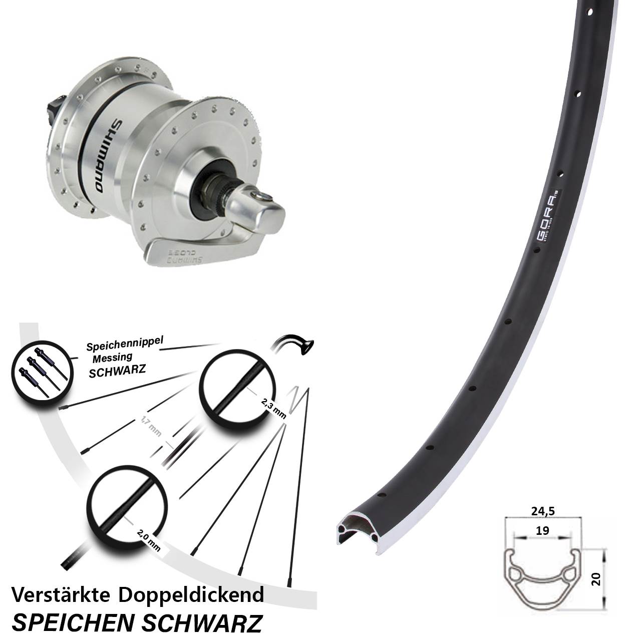 26 Zoll Gora 19 Shimano DH3N72 Dynamo-Vorderrad QR