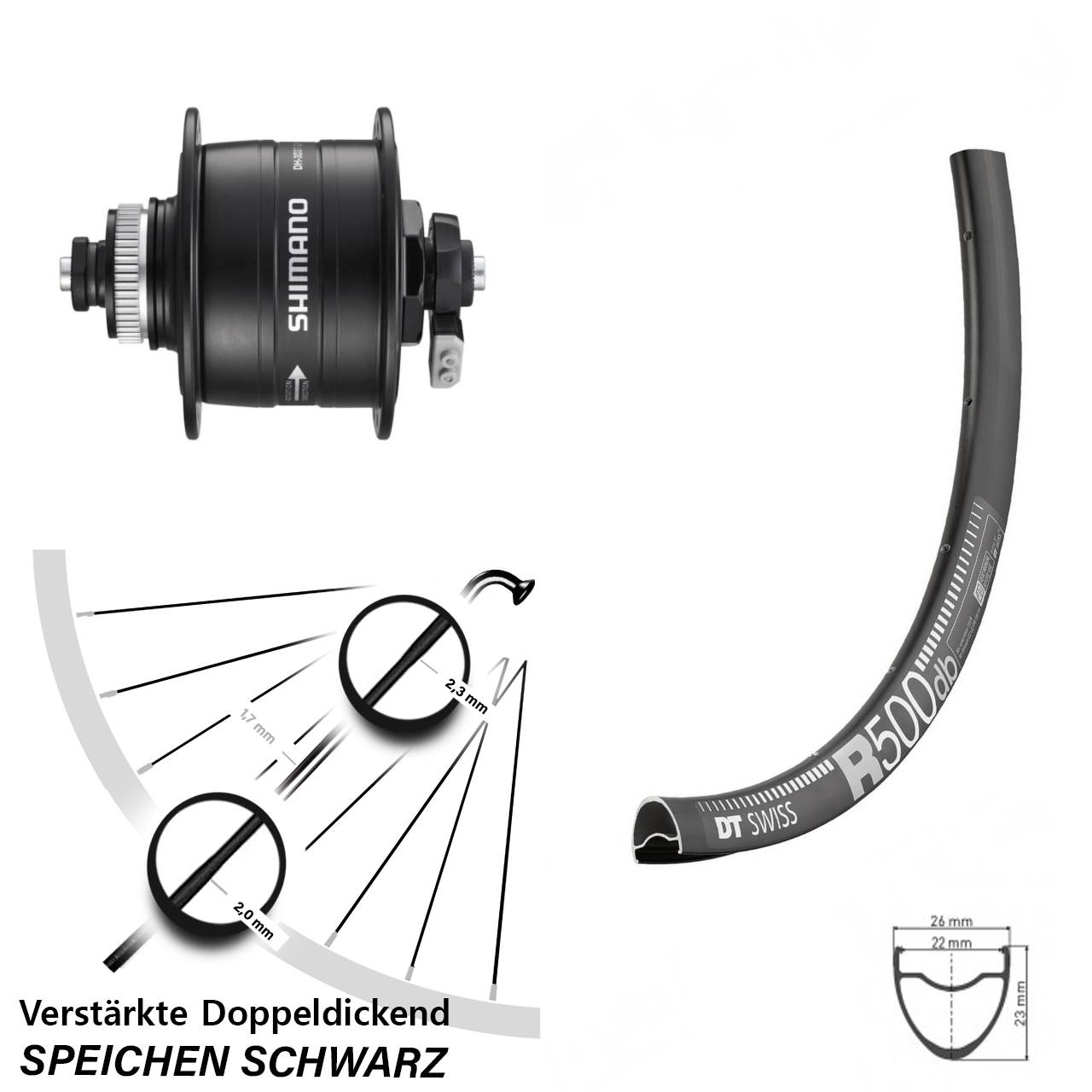 Dynamo-Vorderrad 28 Zoll DT Swiss R500 Shimano DH-3D37 QR