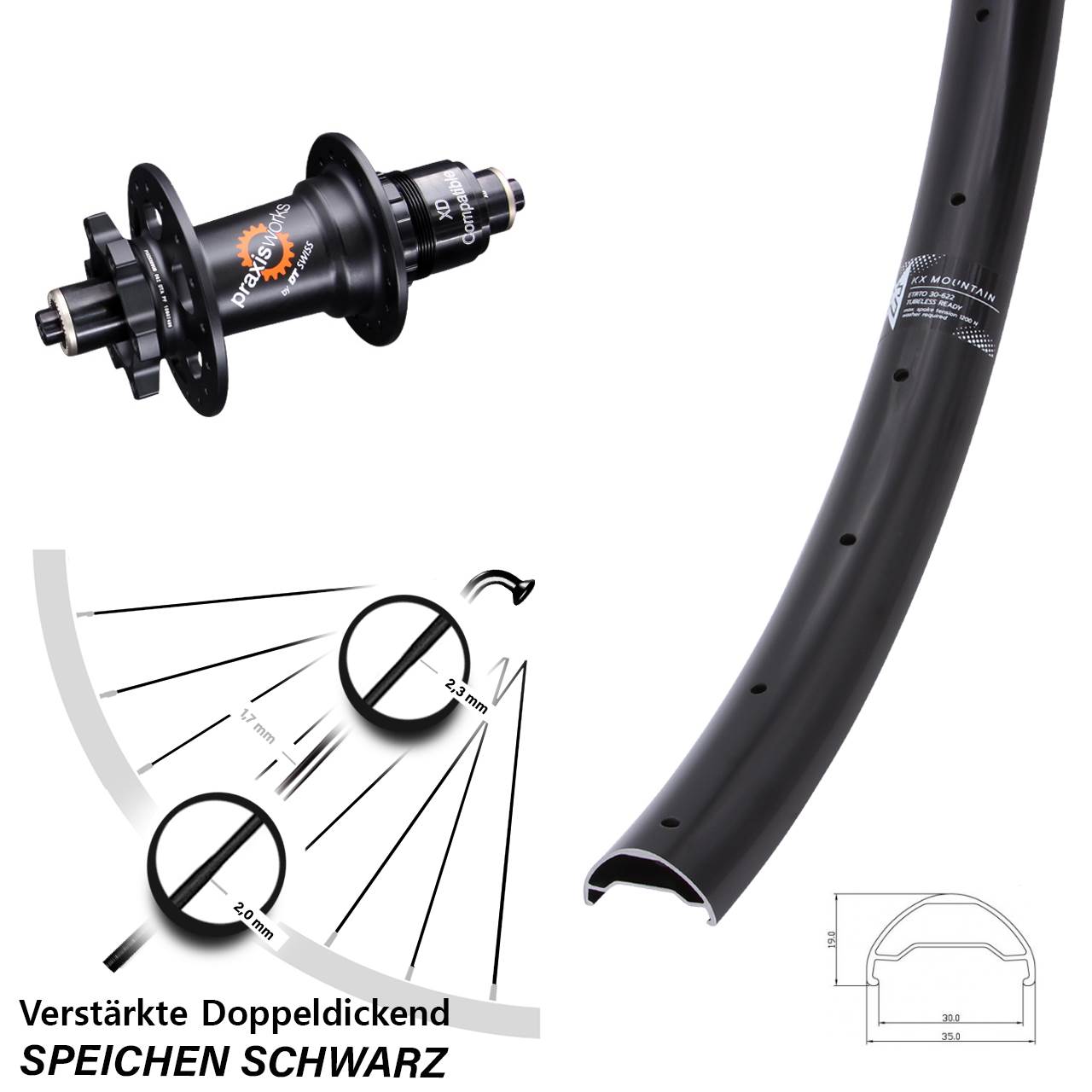 29 Zoll KX Mountain TR DT Swiss 350 6-Loch Hinterrad für Schnellspanner XD