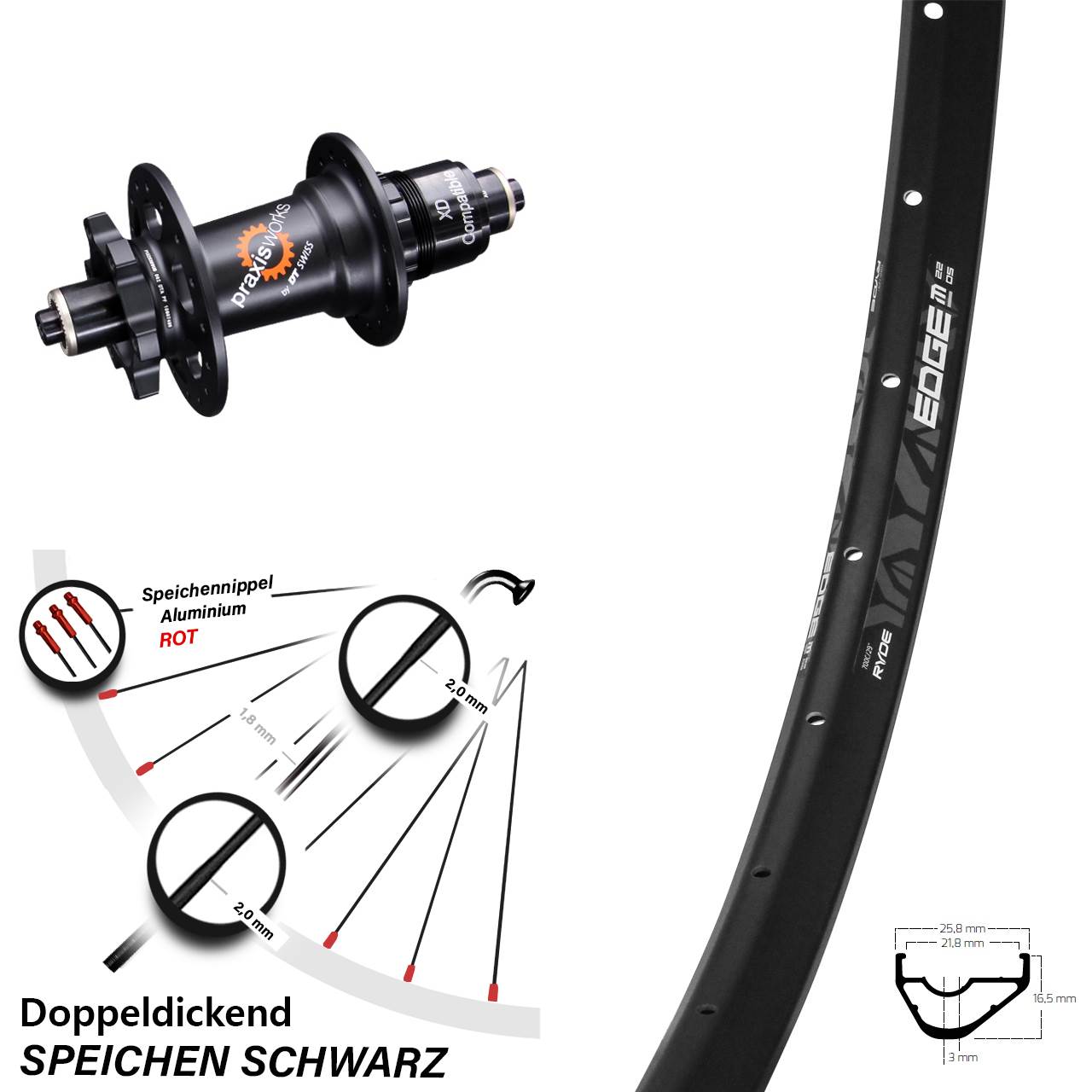 Ryde Edge M22 OS Hinterrad 29 Zoll 5/135 mm DT Swiss 350 SL Disc 6-Loch Sram XD