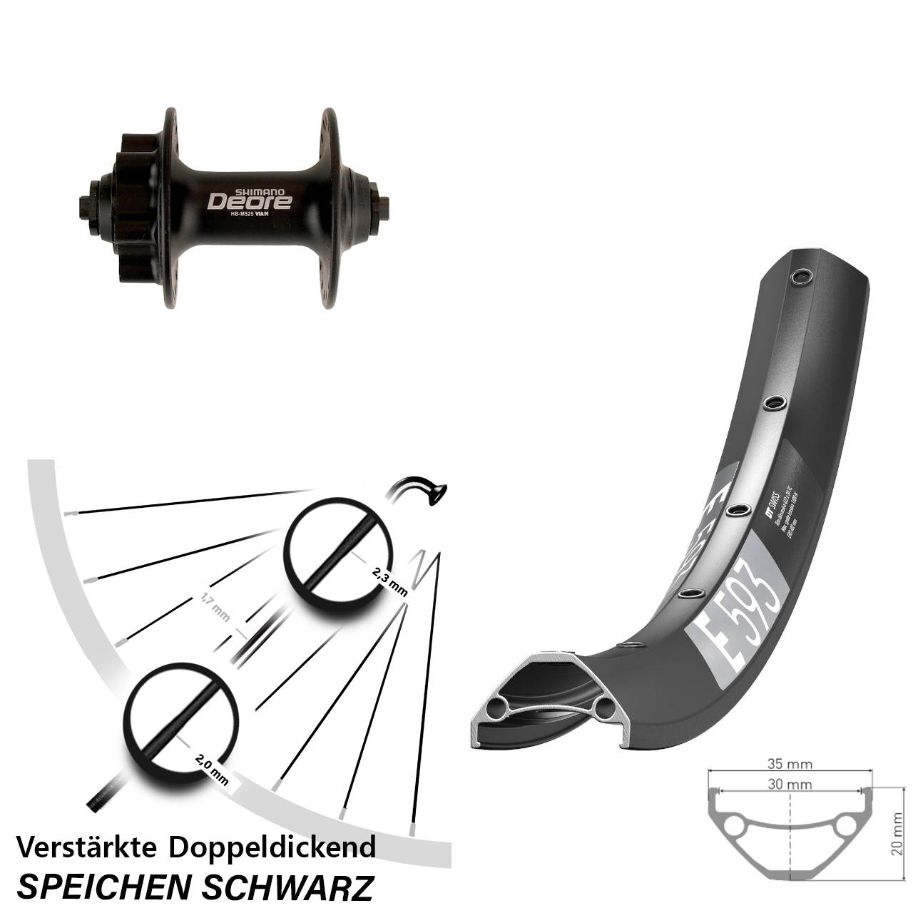 6-Loch Vorderrad 29 Zoll DT Swiss E 593 Shimano Deore HB-M525 für Schnellspanner
