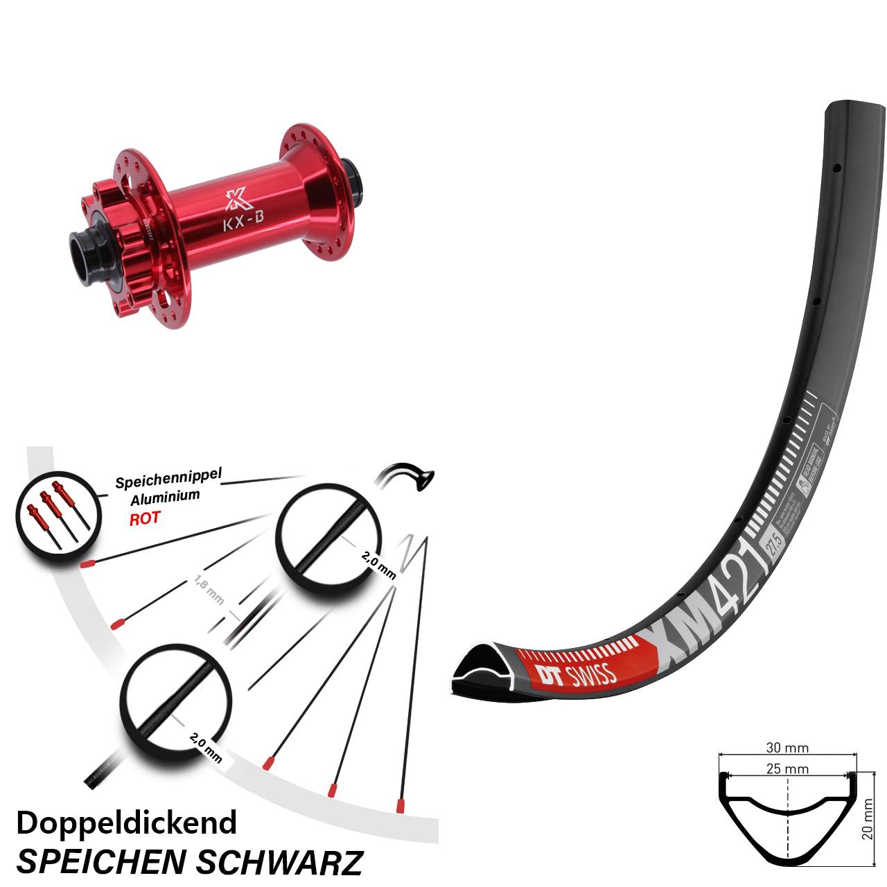 6-Loch Vorderrad 27,5 Zoll DT Swiss XM 421 KX-B rot 15x110 Boost