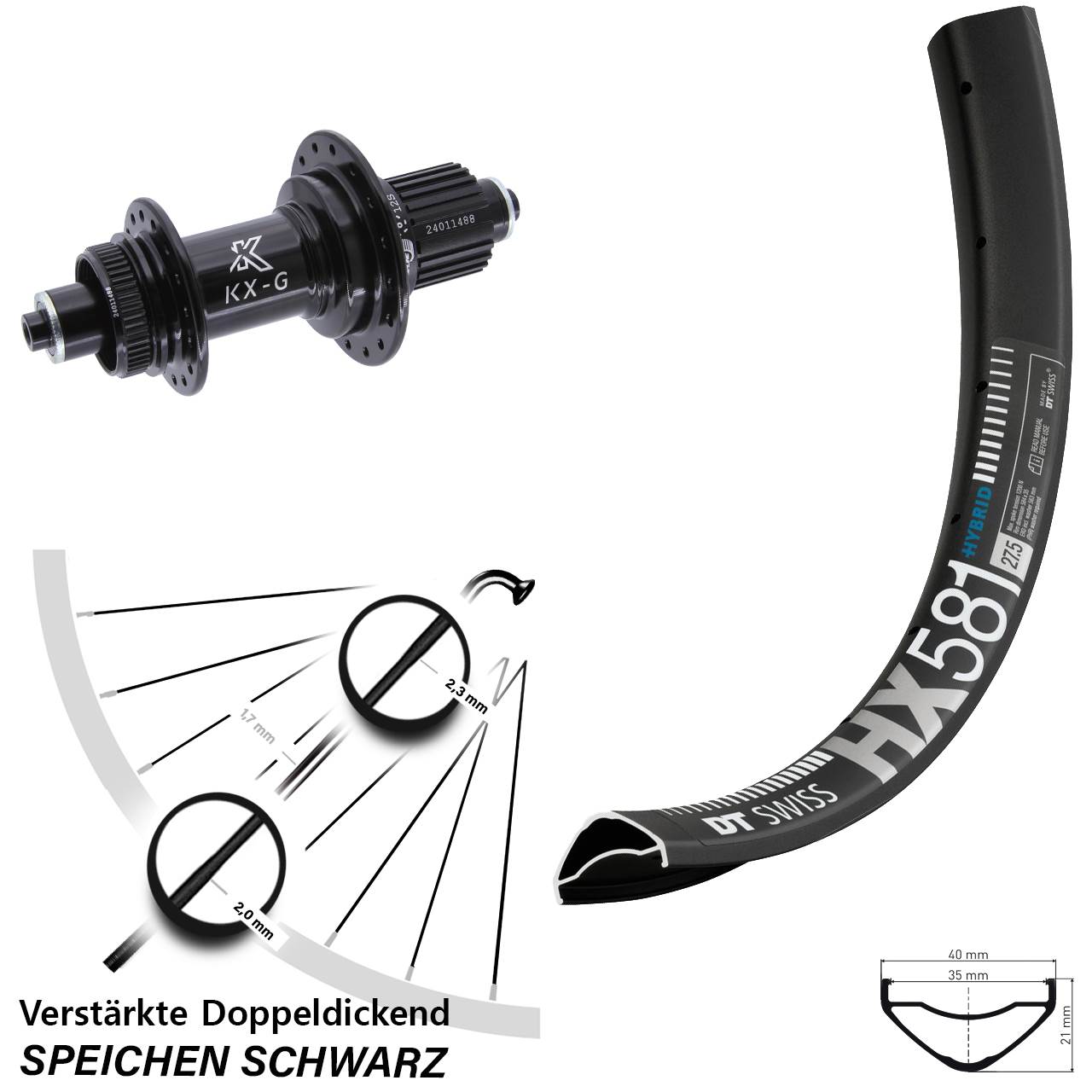 DT Swiss HX581 KX-G 27,5 Zoll Disc Hinterrad QR Shimano Micro Spline