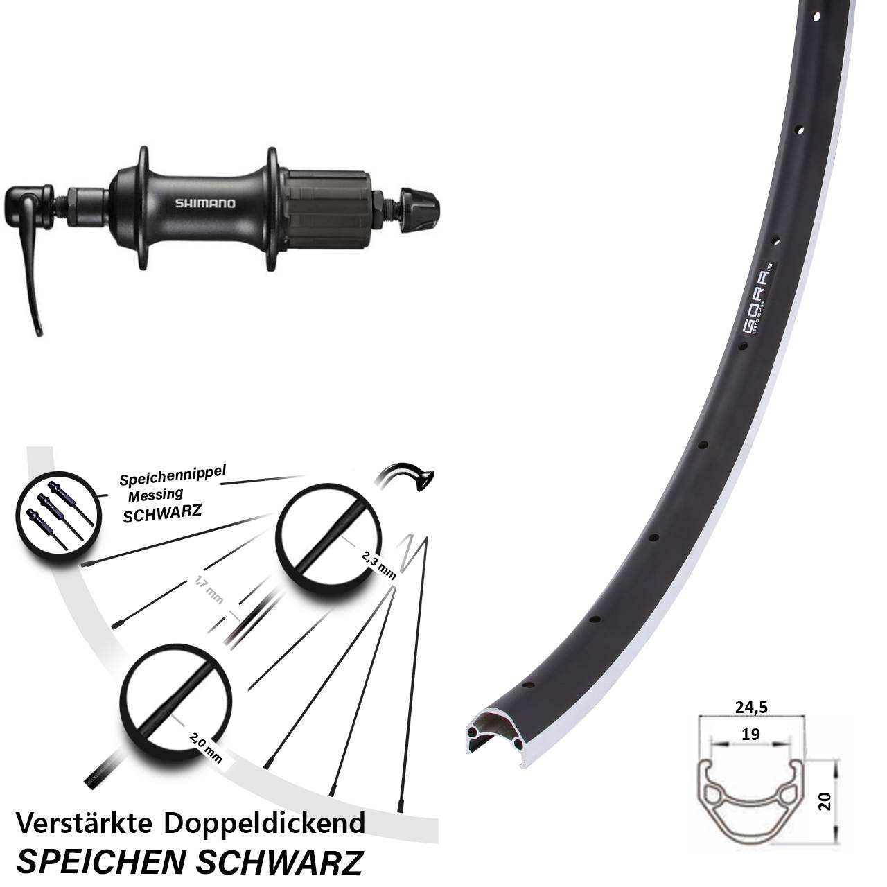 Hinterrad 26 Zoll Gora 19 Shimano FH-T3000 8-11 fach QR
