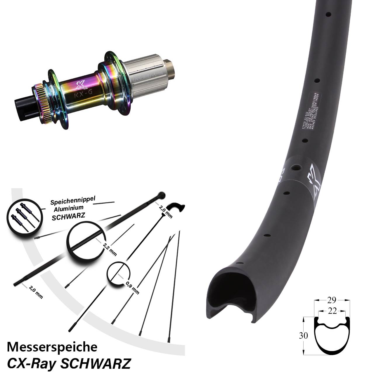 KX-RC Gravel Carbon Oilslick 28 Zoll Hinterrad CL 12x142 Messerspeiche CX-Ray 8-12 fach