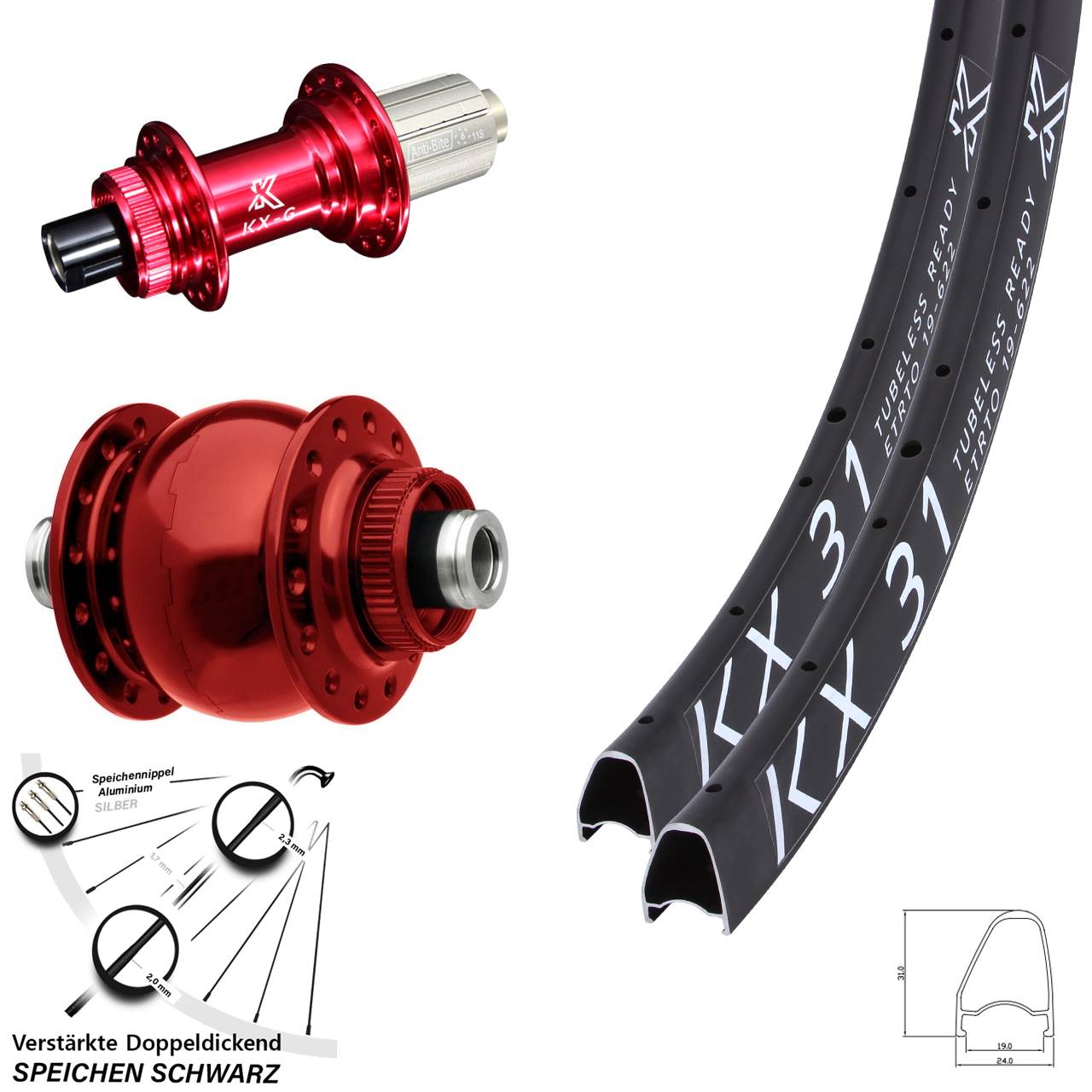 Laufradsatz Centerlock SON 28 Zoll KX-G31 OS rot 8-12 fach 12x100/142