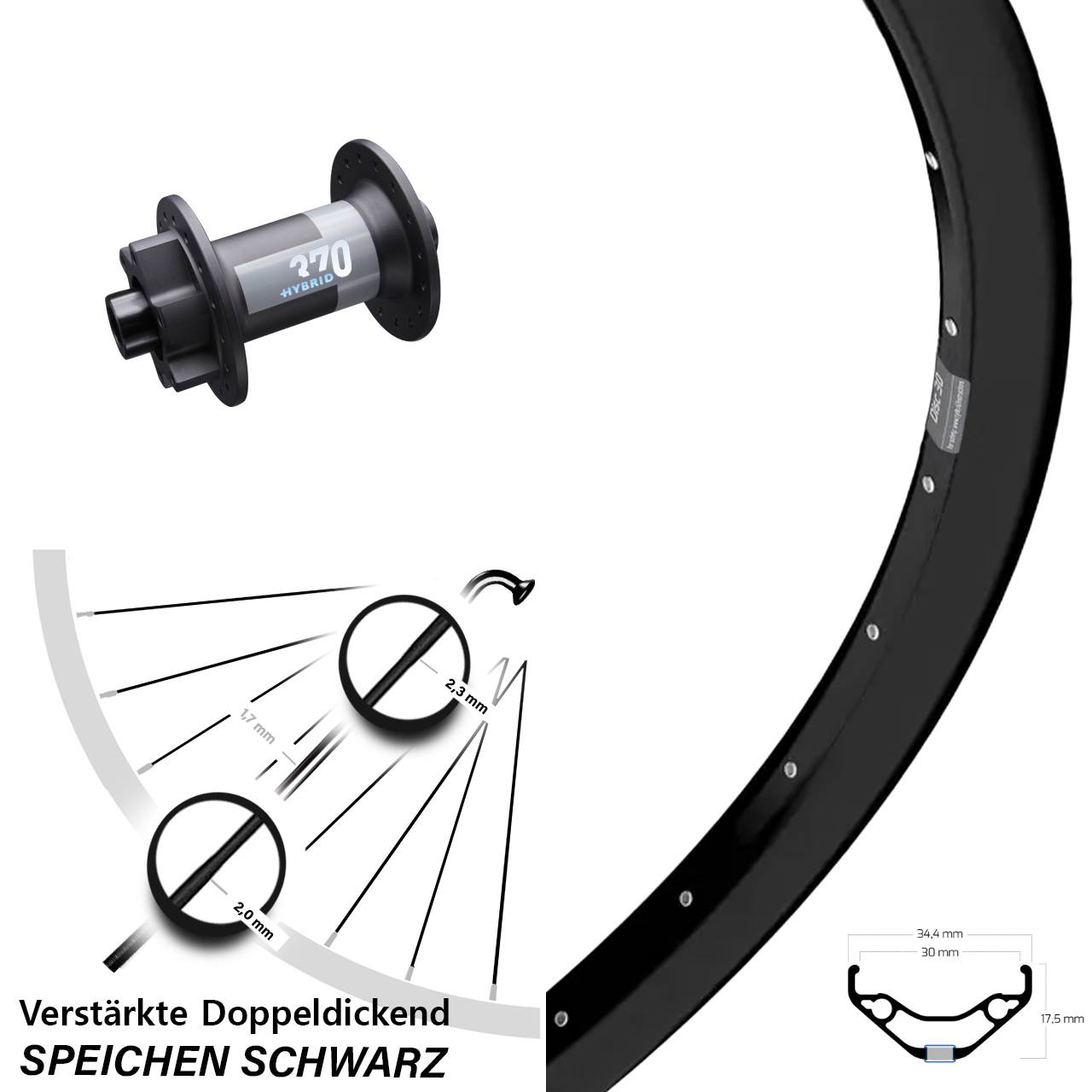 29 Zoll Ryde Disc 30 DT Swiss 370 Hybrid Vorderrad 6-Loch 15x110 Boost